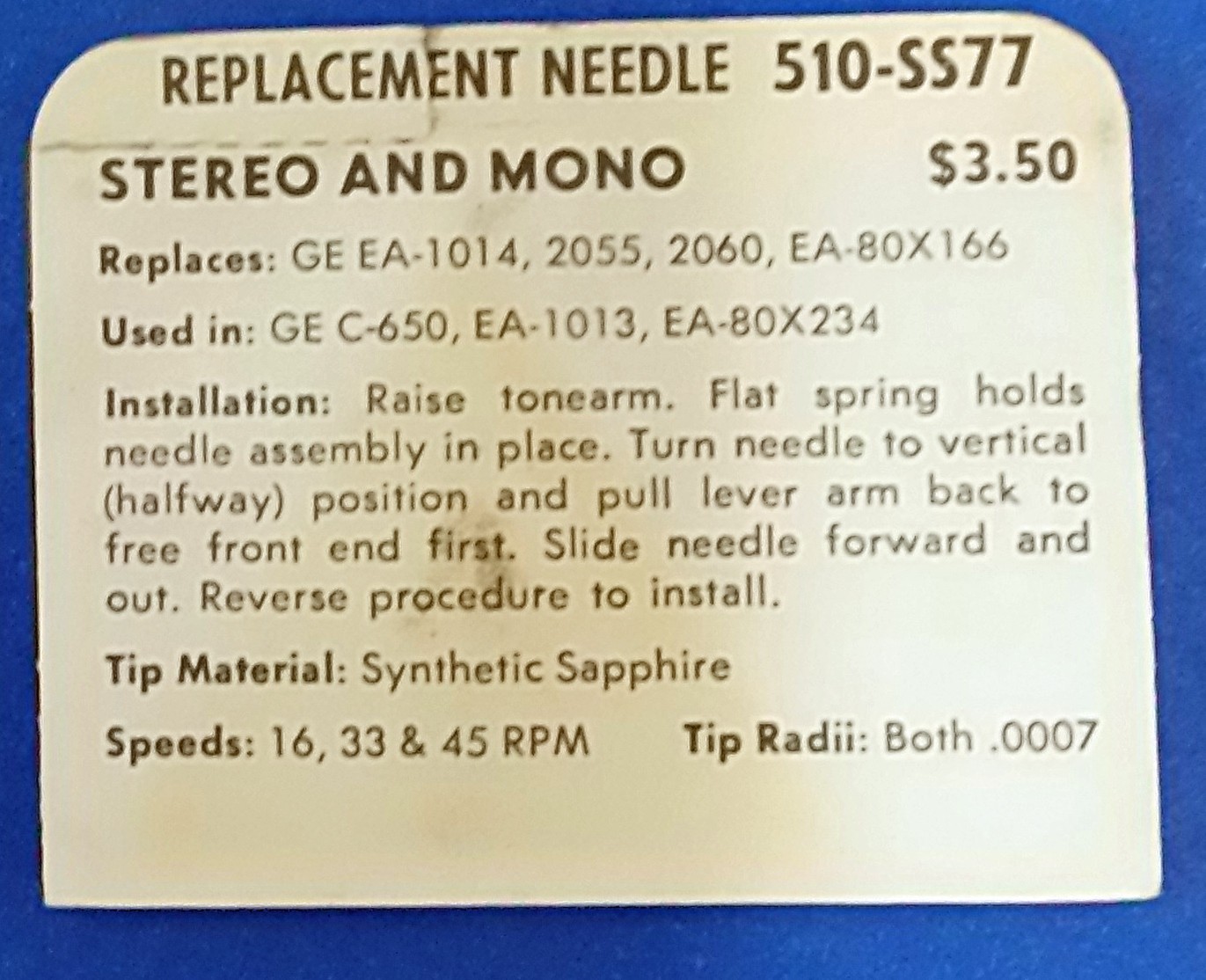 NEEDLE STYLUS FOR GE EA2903 EA80X166 EA80X234 C-650 EA1013 CARTRIDGE 510-SS77