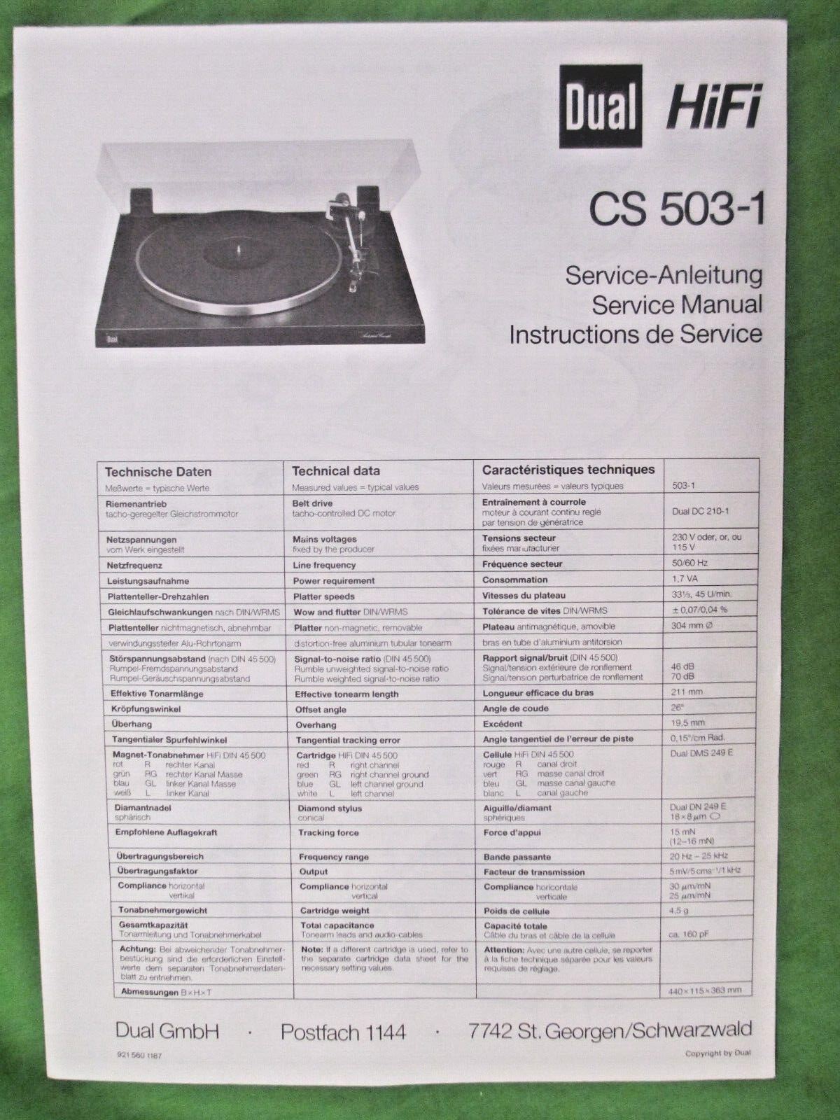 DUAL CS 503-1 TURNTABLE SERVICE MANUAL NEW ORIGINAL NOT A PHOTO COPY