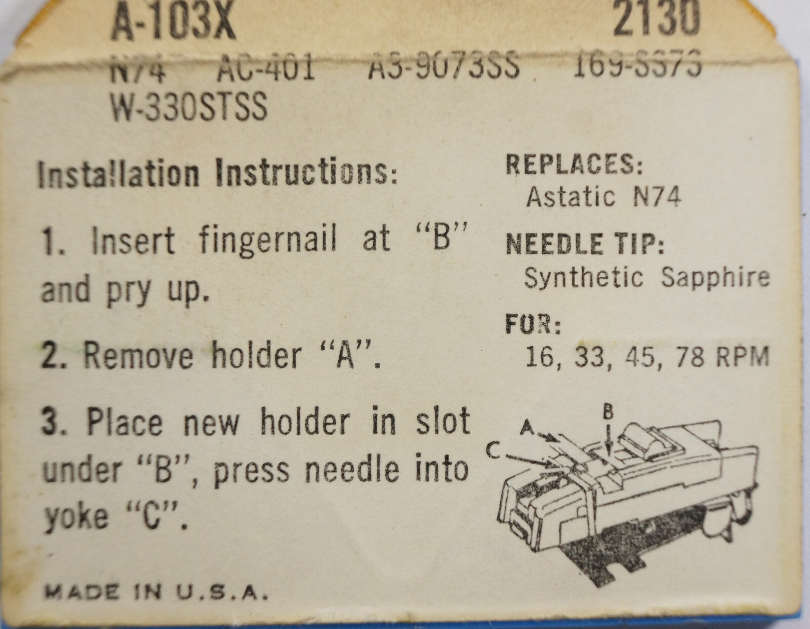 NOS Electro Voice EV 2130 Needle N74-sd AC-401DS A3-907DS 169-DS73 W-330STDS