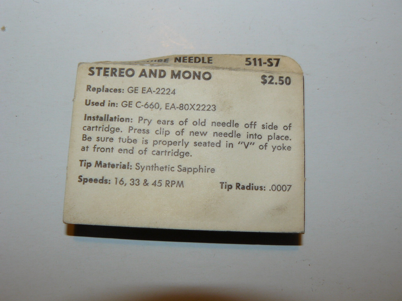 Superb Needle 511-S7 SAPPHIRE NEEDLE New Old Stock GE EA-2224