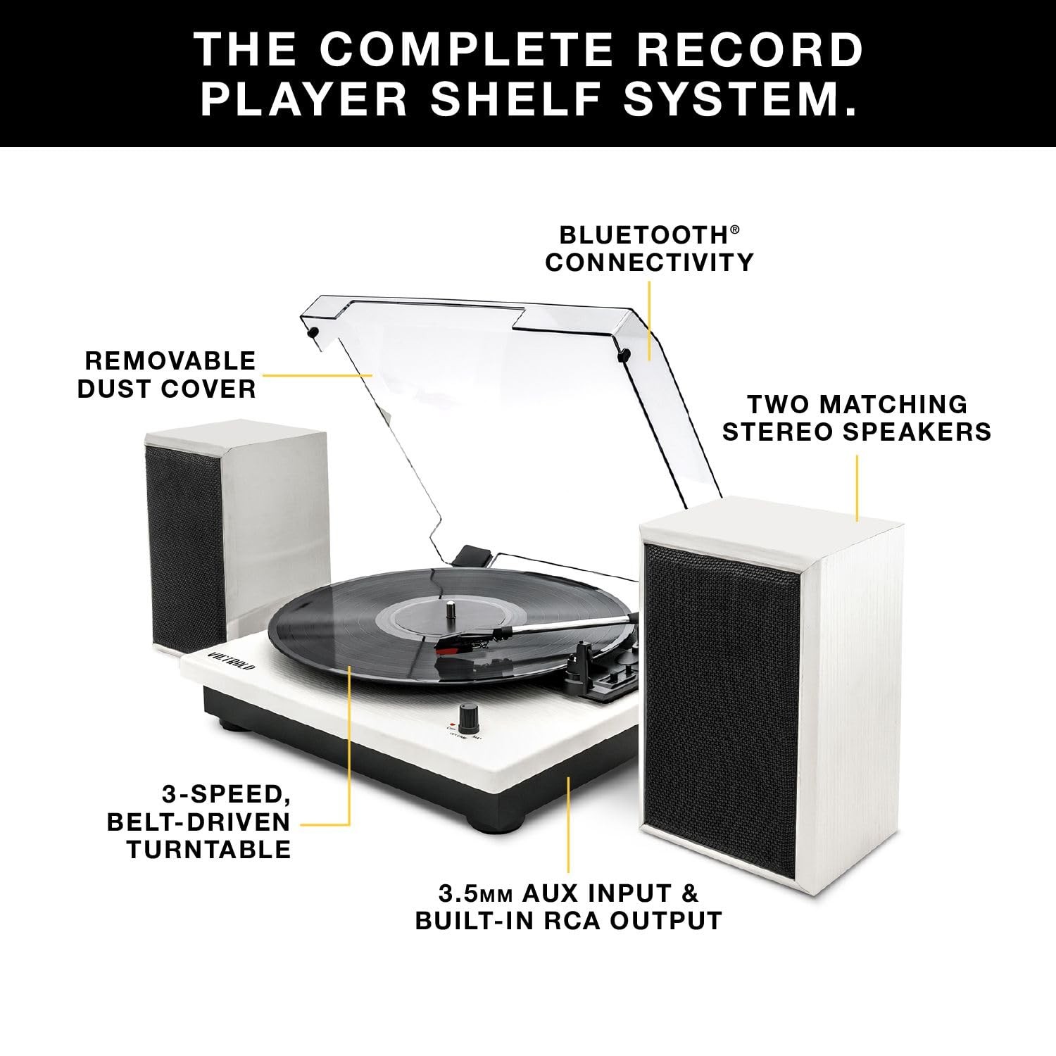 Victrola Montauk Vinyl Record Player, 3-Speed Belt Driven Black, Black