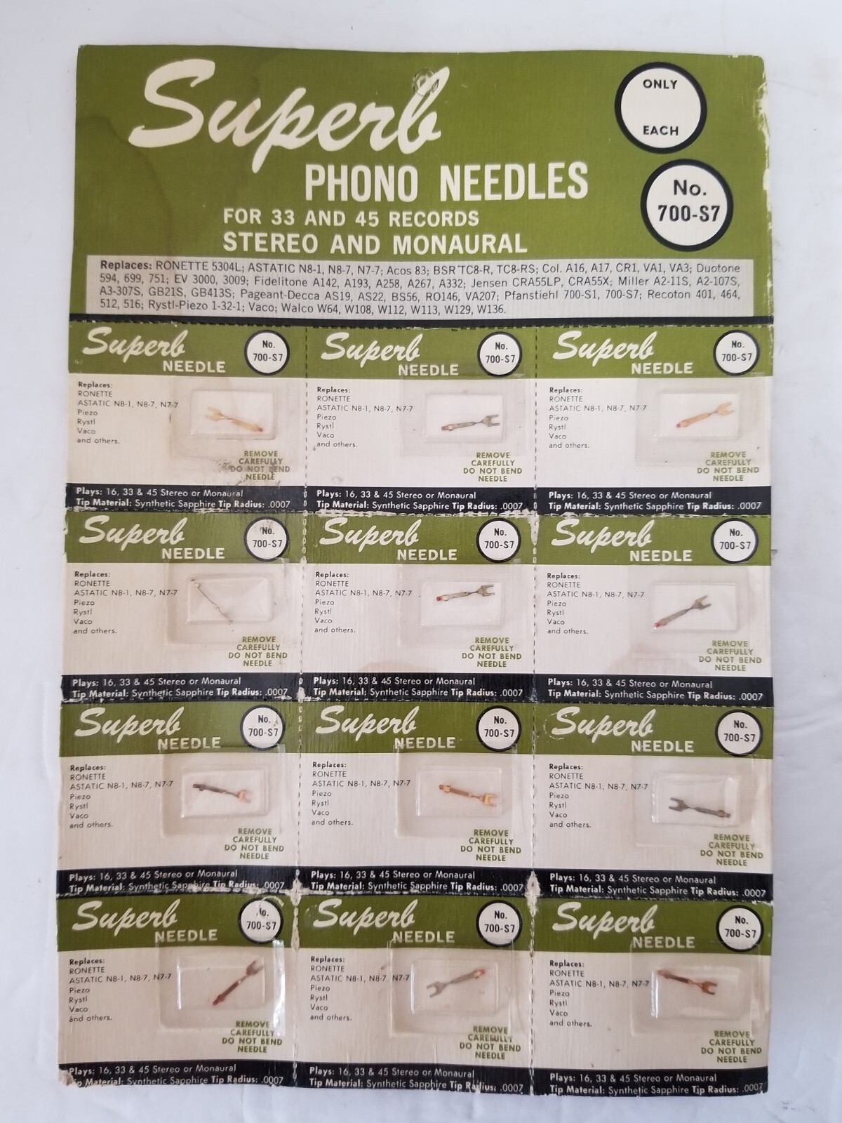 700-S7 Superb NEEDLE STYLUS for Astatic N8-7 Ronette Piezo Rystl Vaco lot of 12