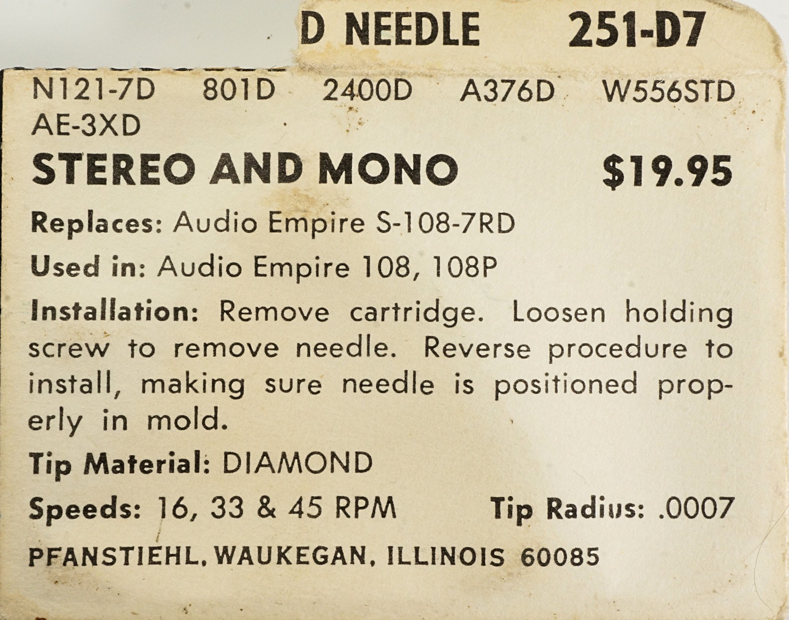 NOS PFANSTIEHL 251-D7 Diamond Needle for Audio Empire S-108-7RD 108 108P