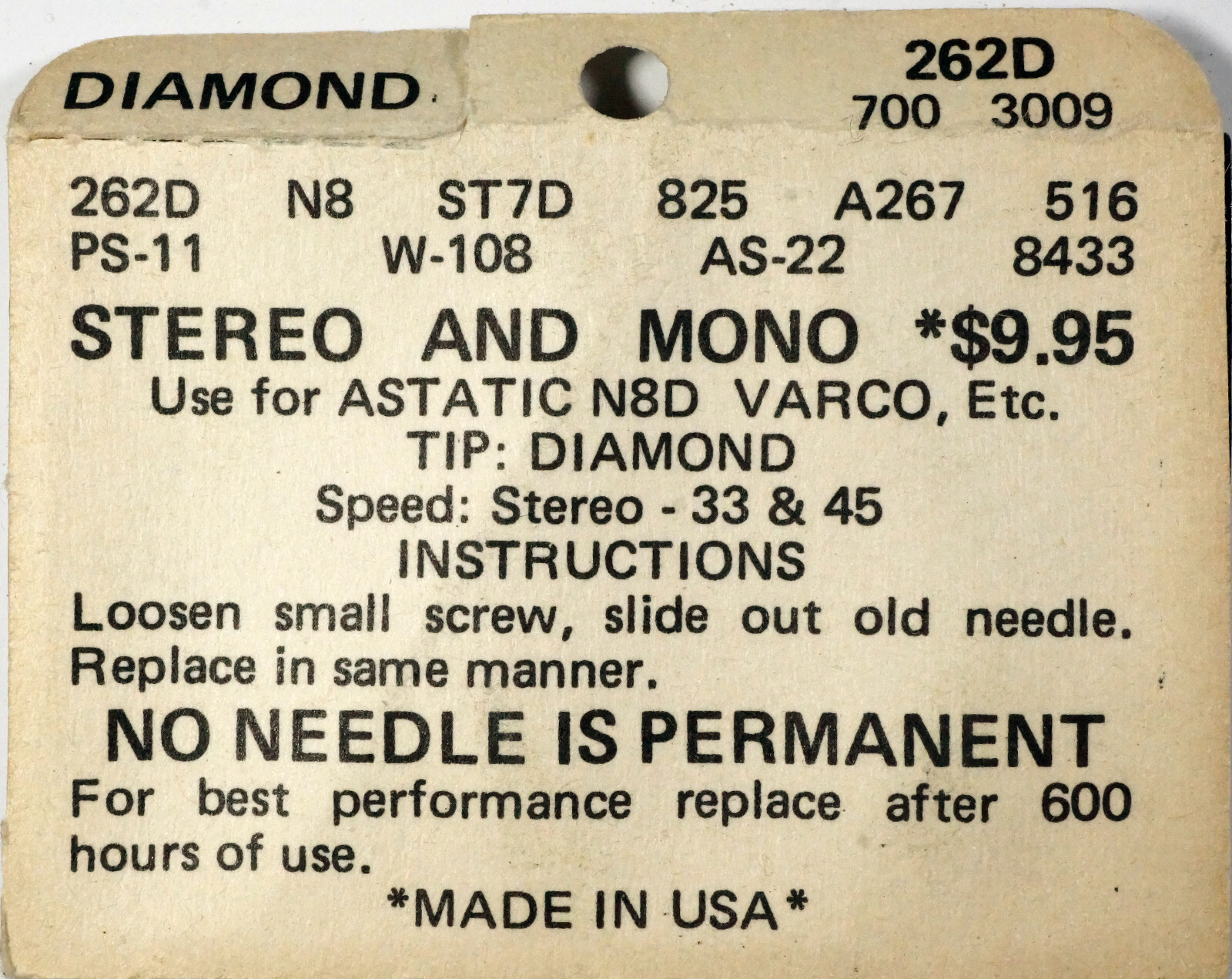 NOS Rivertone 242D Diamond Needle Stylus for ASTATIC N8D VARCO N8 ST7D 825 A627