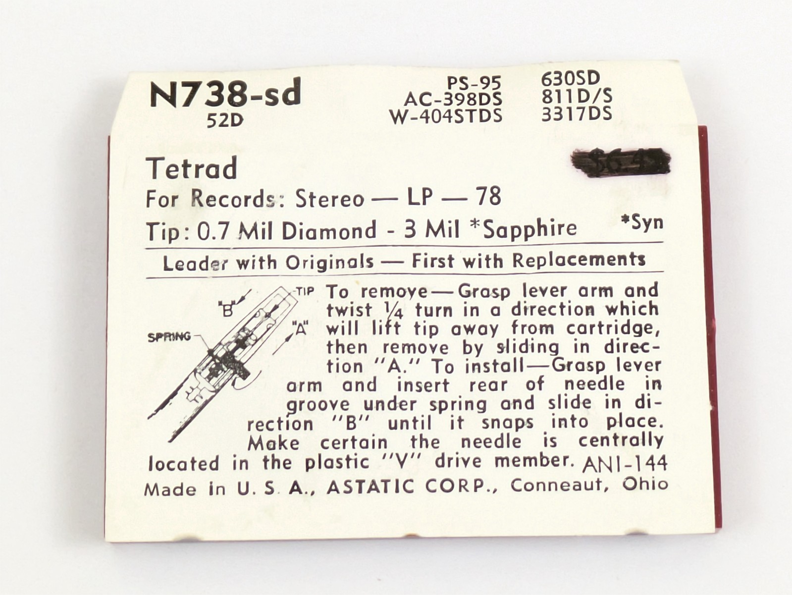 Astatic N738-sd Diamond Needle Tetrad-52D 78 LP Stylus PS-95 630SD 811D/S 3317DS