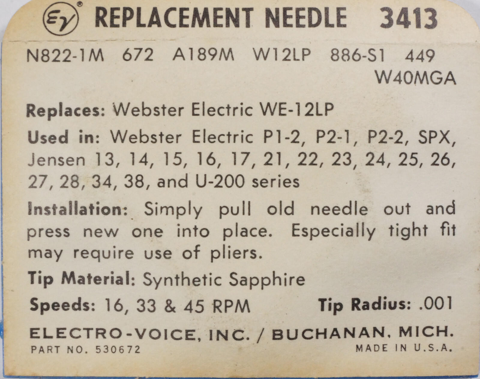 NOS Electro Voice EV 3413 Needle for Webster Electric WE-12LP P1 P2 SPX
