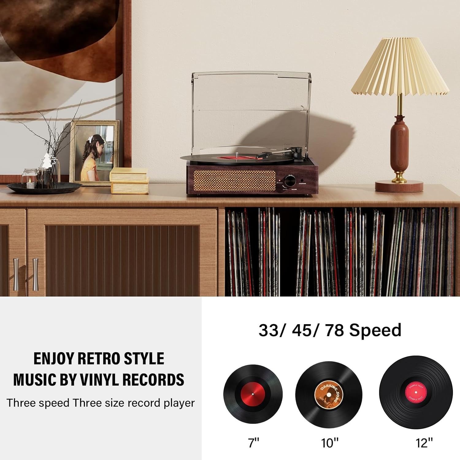 Vinyl Record Player Turntable with Built-in Bluetooth Receiver & 2 Brown