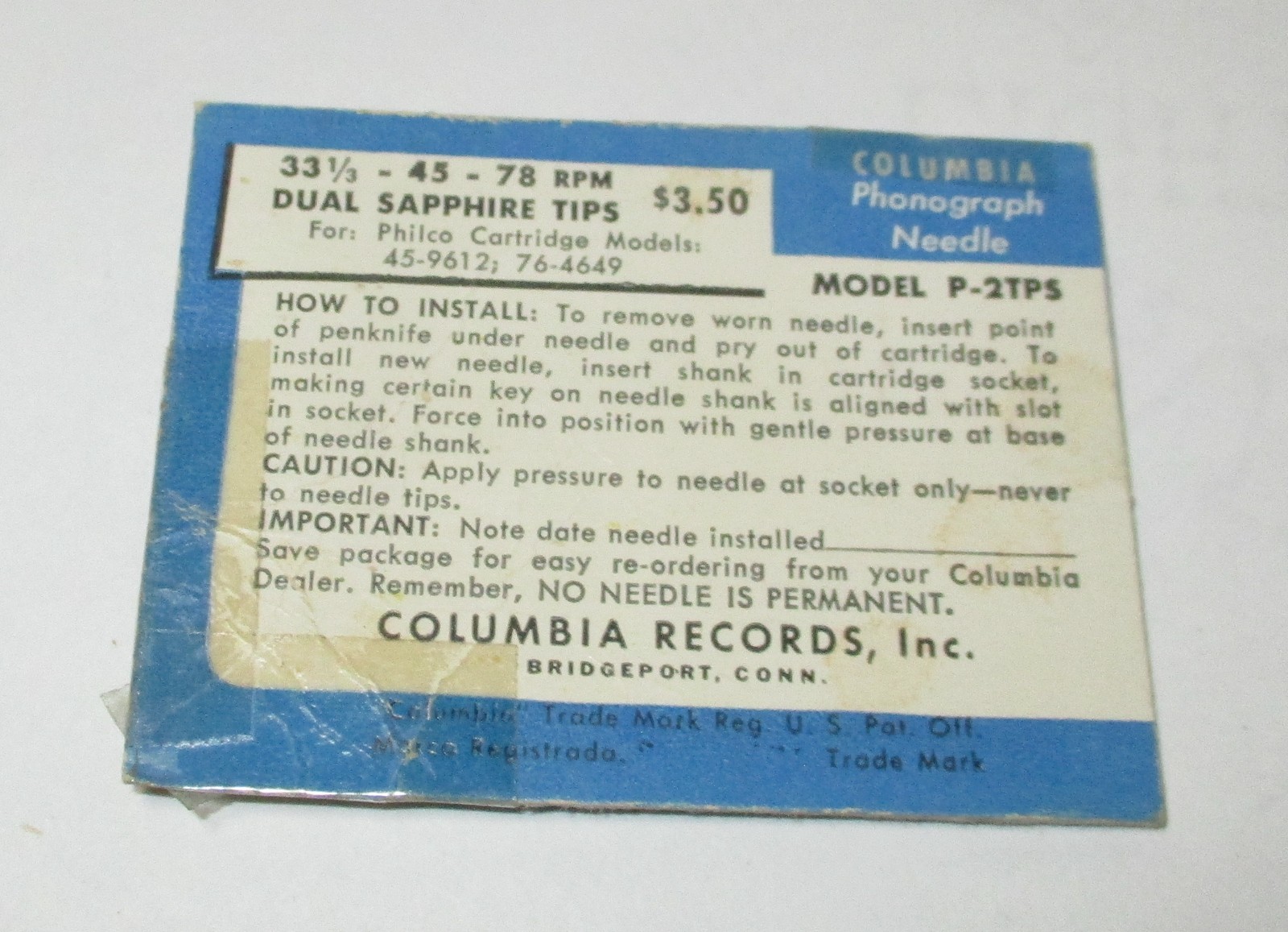 Columbia P-2TPS 33/45/78 RPM Sapphir Needle for Philco 45-9612 76-4649 Cartridge