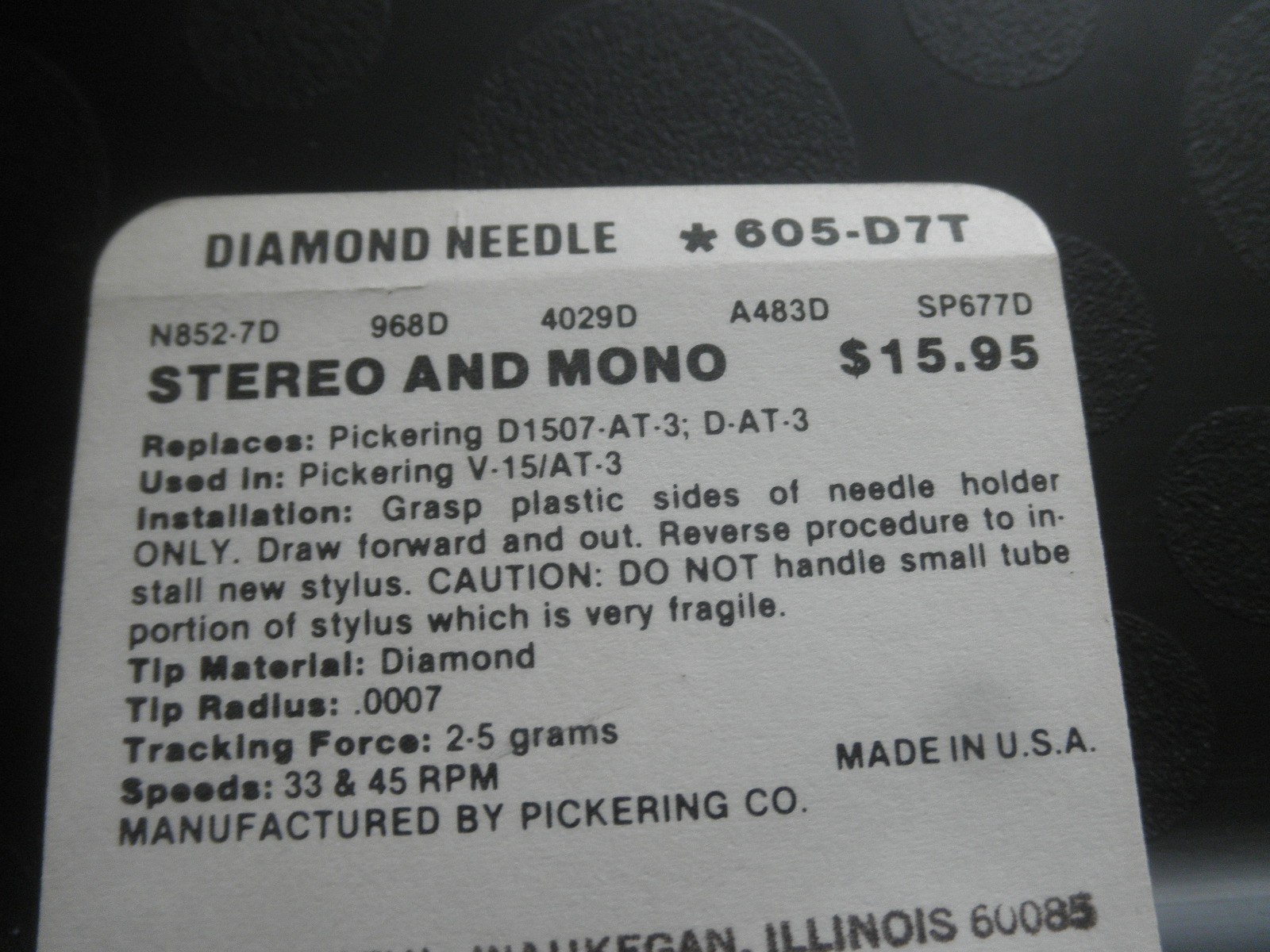 Pfanstiehl Diamond Needle NOS 605-D7T Replaces: Pickering D1507-AT-3 D-AT-3