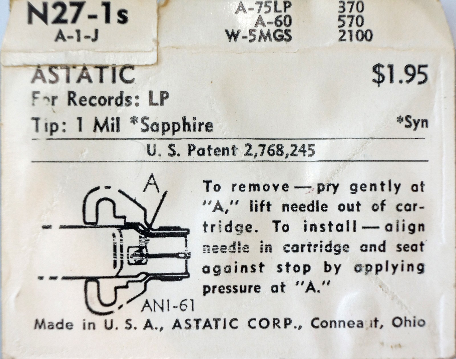 NOS Astatic Diamond Needle N27-1s for A-1-J A-75LP A-60 W-5MGS 370 570 2100