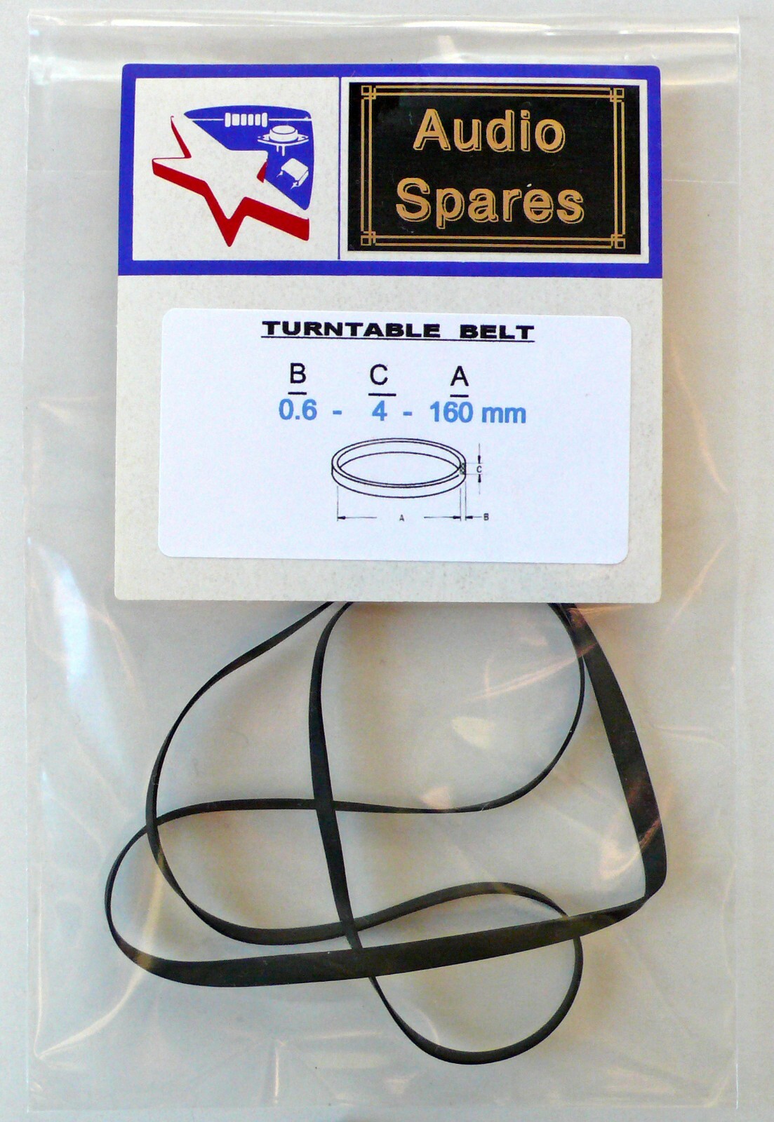 Turntable Belt : Diameter A = 160 mm x Thickness B = 0.6 mm x Width C = 4 mm