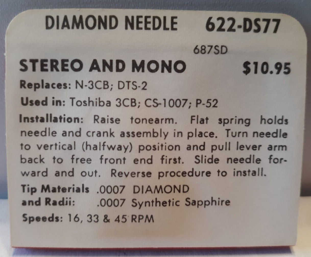 Pfanstiehl Superb diamond record needle 622-DS77 replaces N-3CB, DTS-2 Toshiba