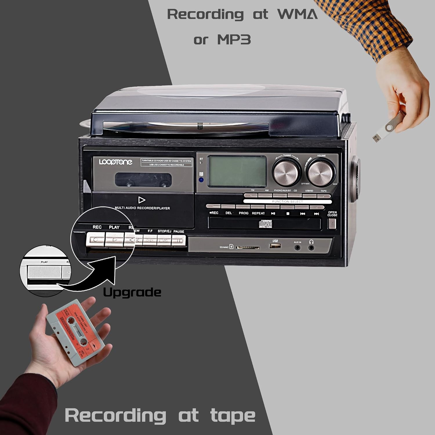 LoopTone Vinyl Record Player 9 in 1 3 Speed Bluetooth Vintage Turntable Black