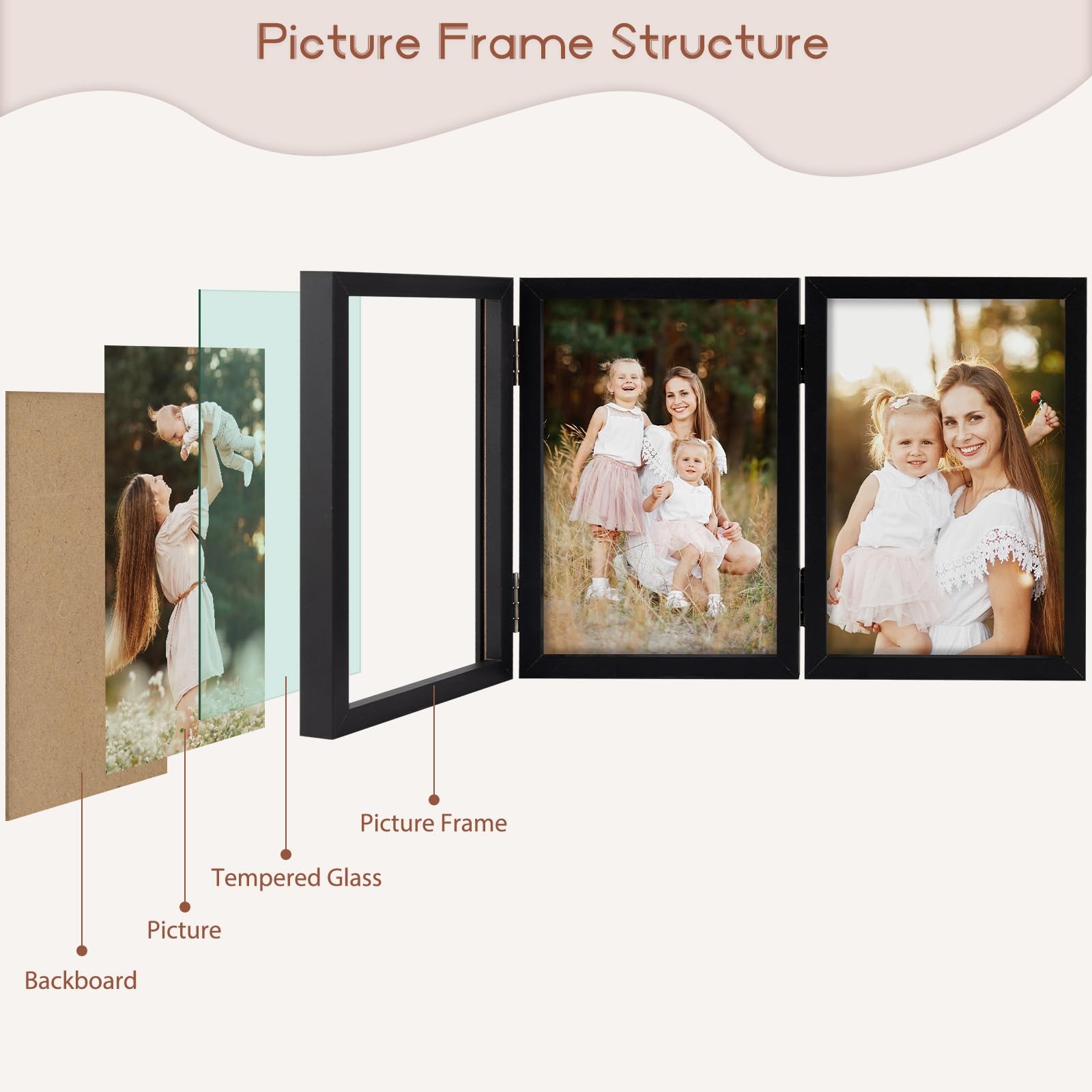 Space Art Deco Triple 4×6 Picture Frame, 3 Folding (Triple), Black