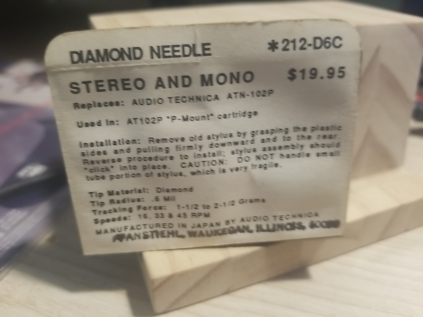 DIAMOND NEEDLE STYLUS 212-D6C Audio Technica new sealed OSS Pfantiehl Japan
