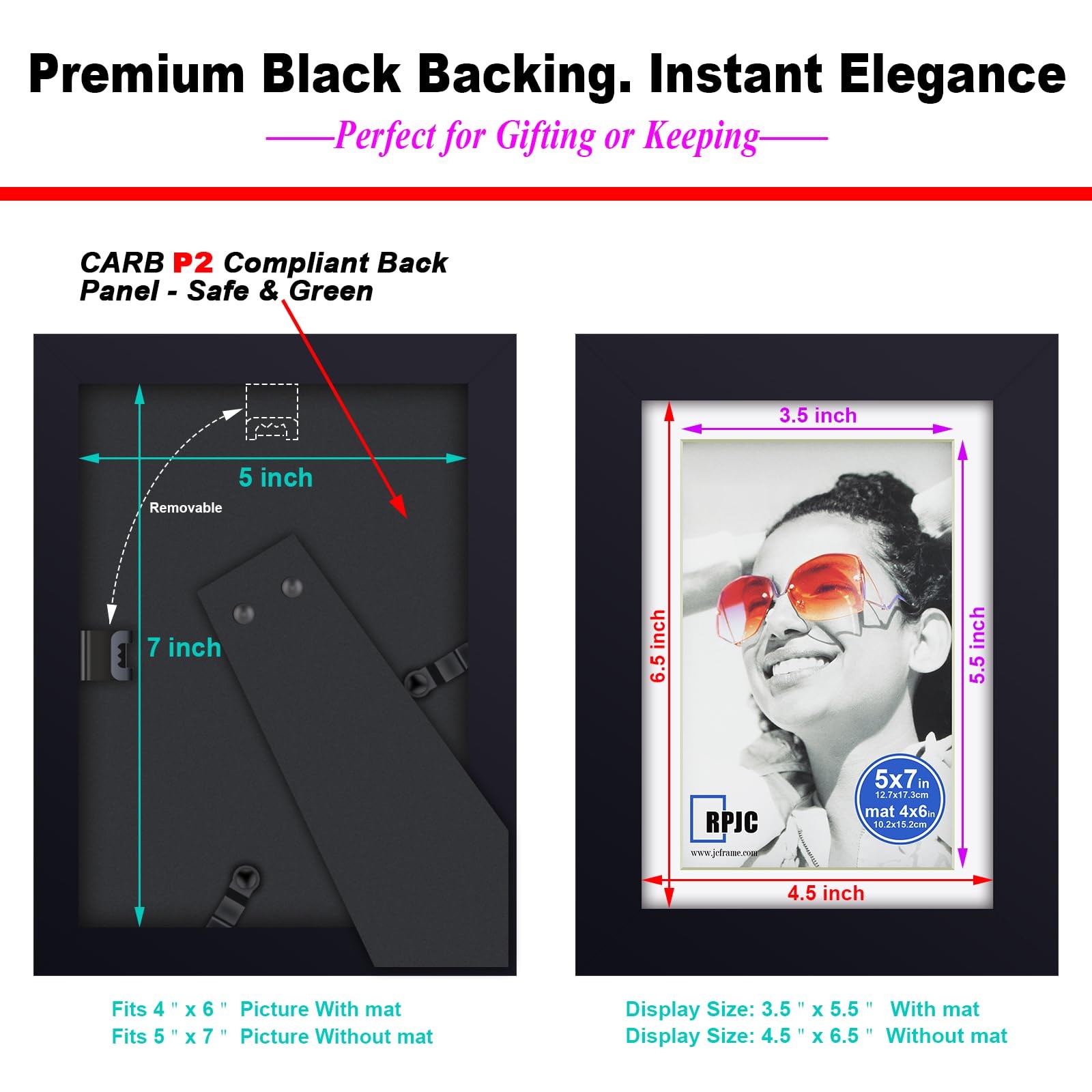 RPJC 5×7 Picture Frame Solid Wood, Fits 4×6 with Mat or 5×7, Black