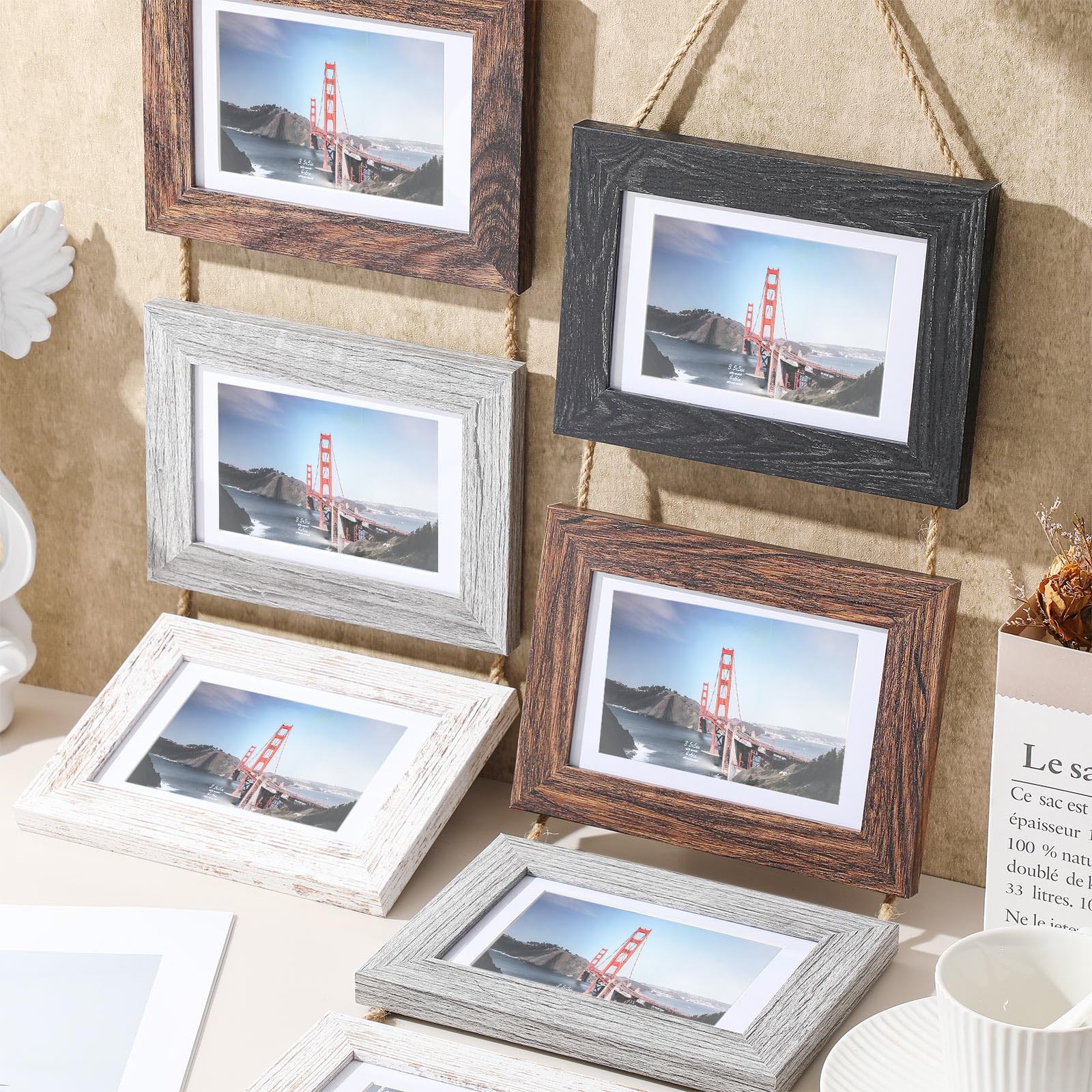 2 Set 4 x 6 Inch Wall Hanging Picture Frames Collage with 8 Openings, Rustic