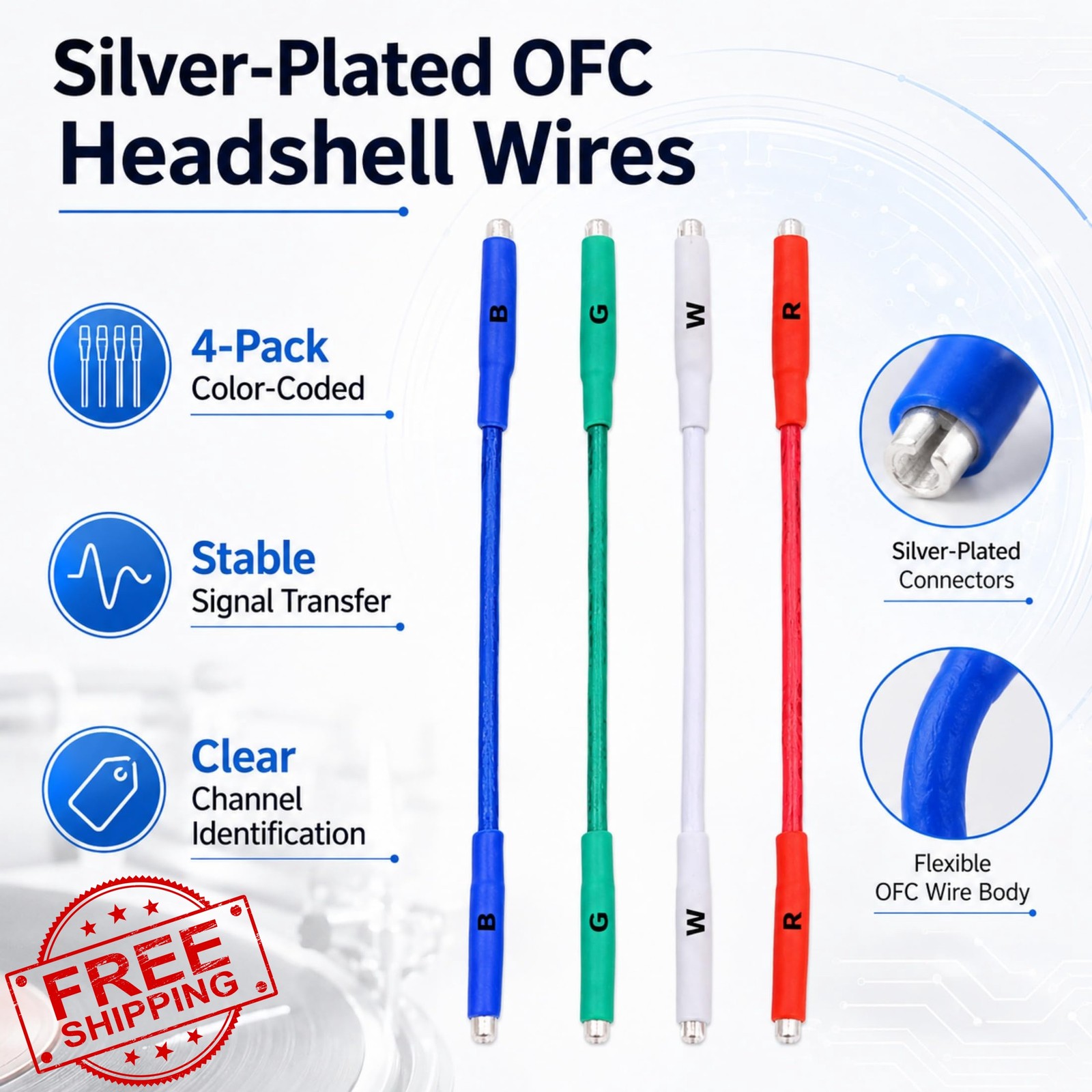 KOOKFJLLZ Turntable Cartridge Lead Wires Silver Plated OFC 4-Pack