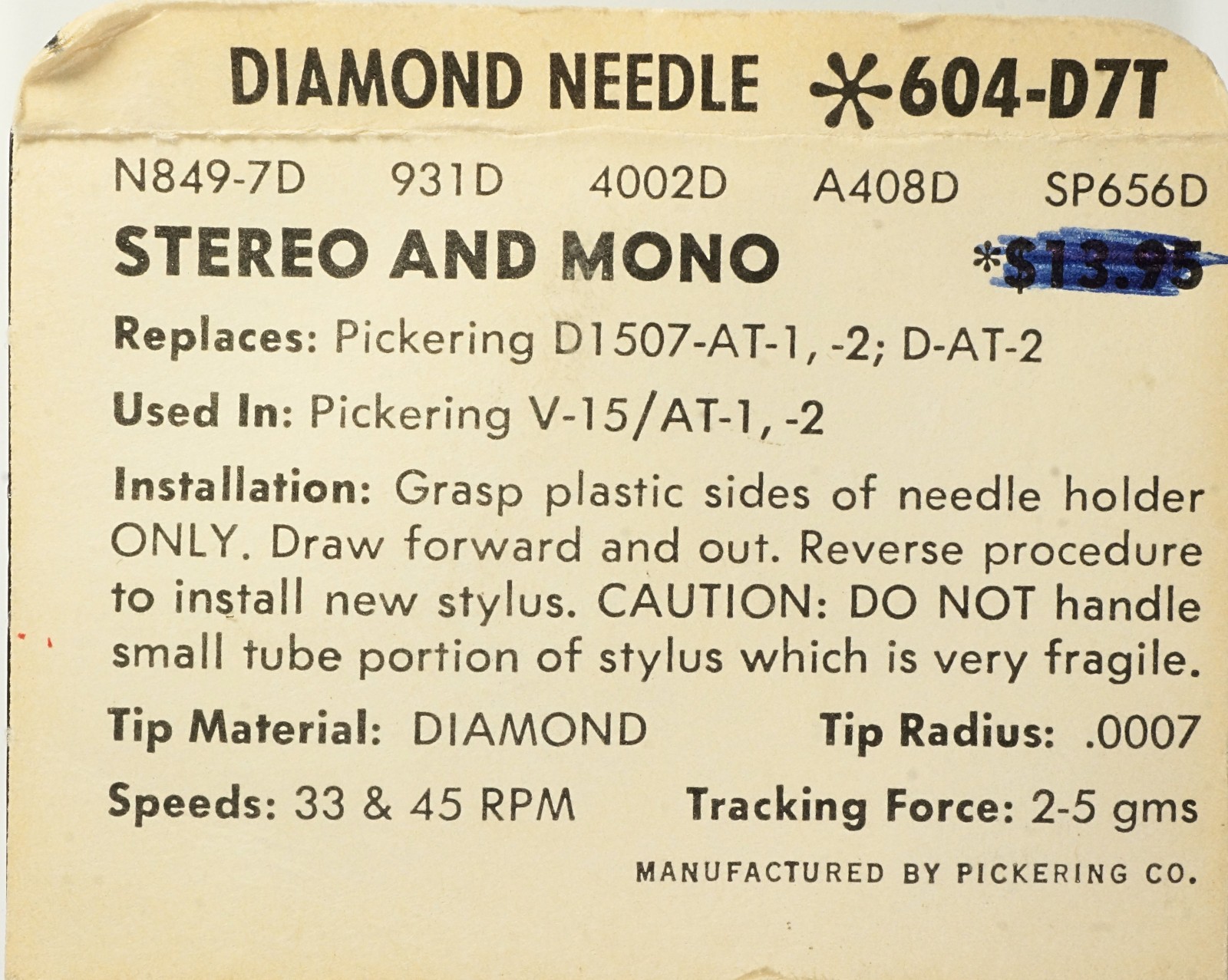 NOS Genuine Pickering DAT2 D-AT-2 D1607-AT-2 V-15 Needle Stylus ZENITH 604-D7T