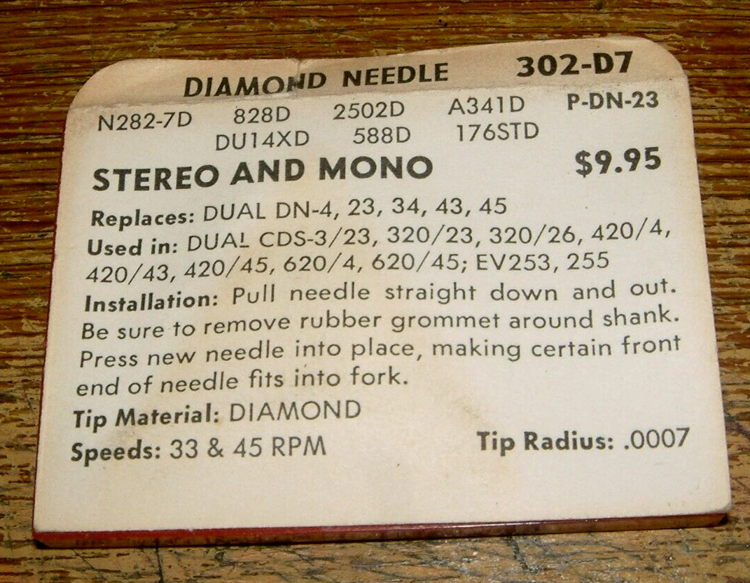 Phonograph NEEDLE 302-7d for Dual DN-4 DN-23, 34 CDS-3/23 -320/23, A341D N282-7d