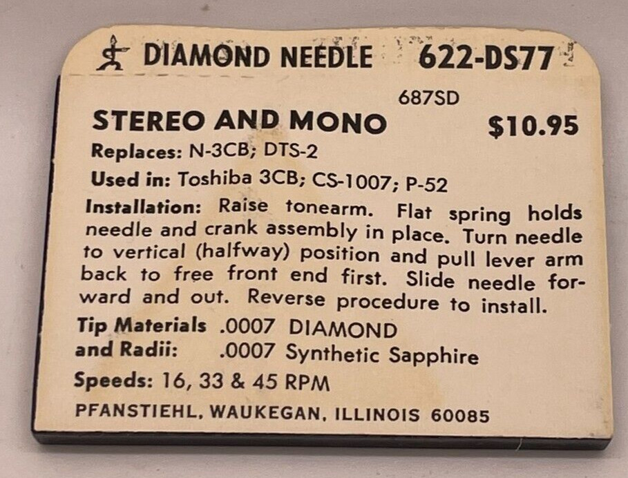 NOS Pfanstiehl 622-DS77 STYLUS NEEDLE Replaces N-3CB, DTS-2 for TOSHIBA 3CB; P52