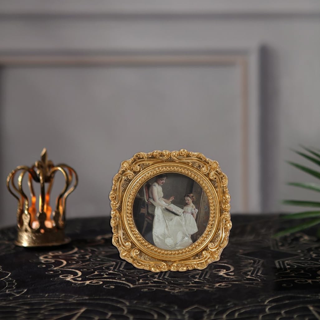 Vintage Picture Frames 3×3 Round Gold – Antique Ornate Small 3*3 round,
