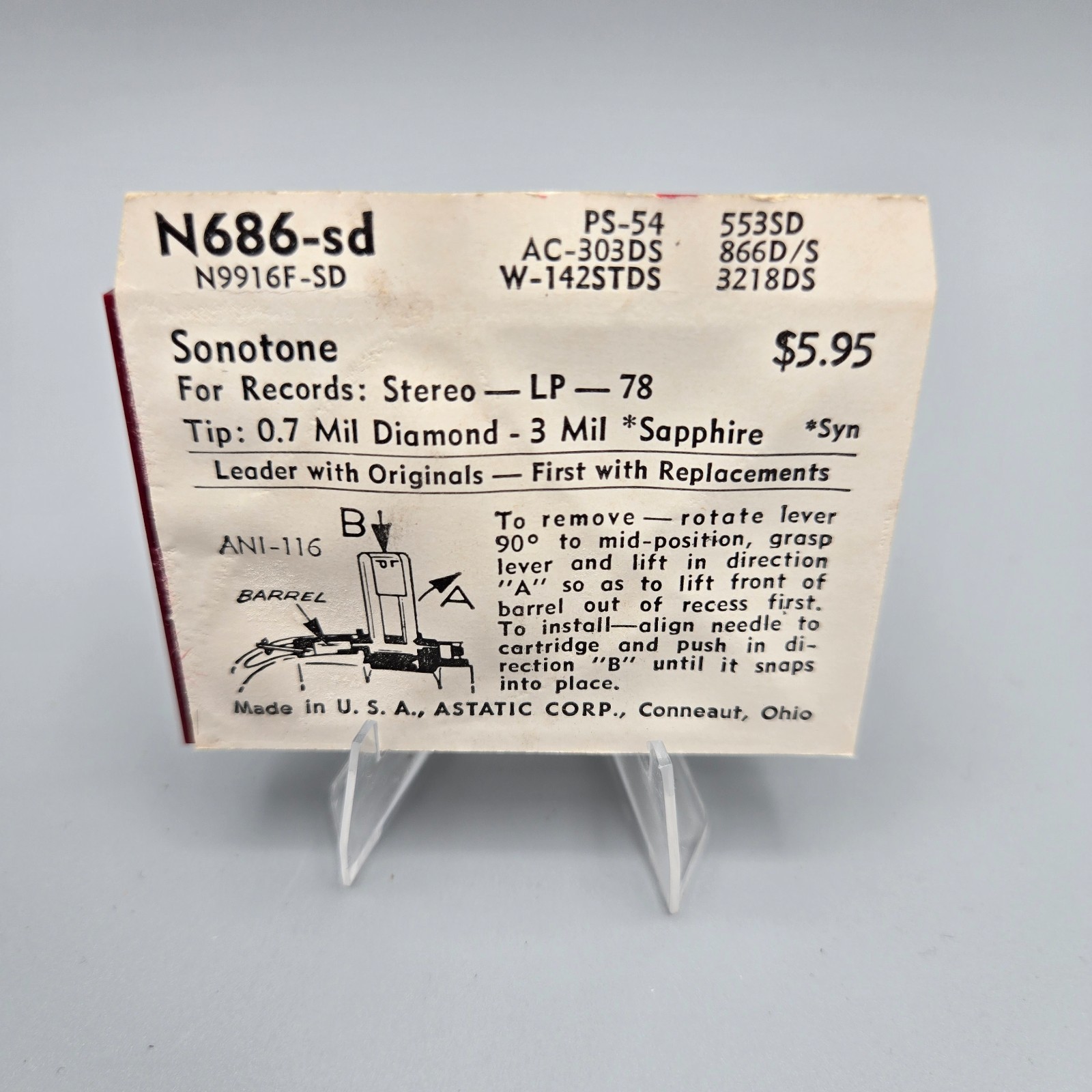 Astatic N686-SD Diamond Needle NOS Fits Sonotone PS-54 AC-303DS 553SD