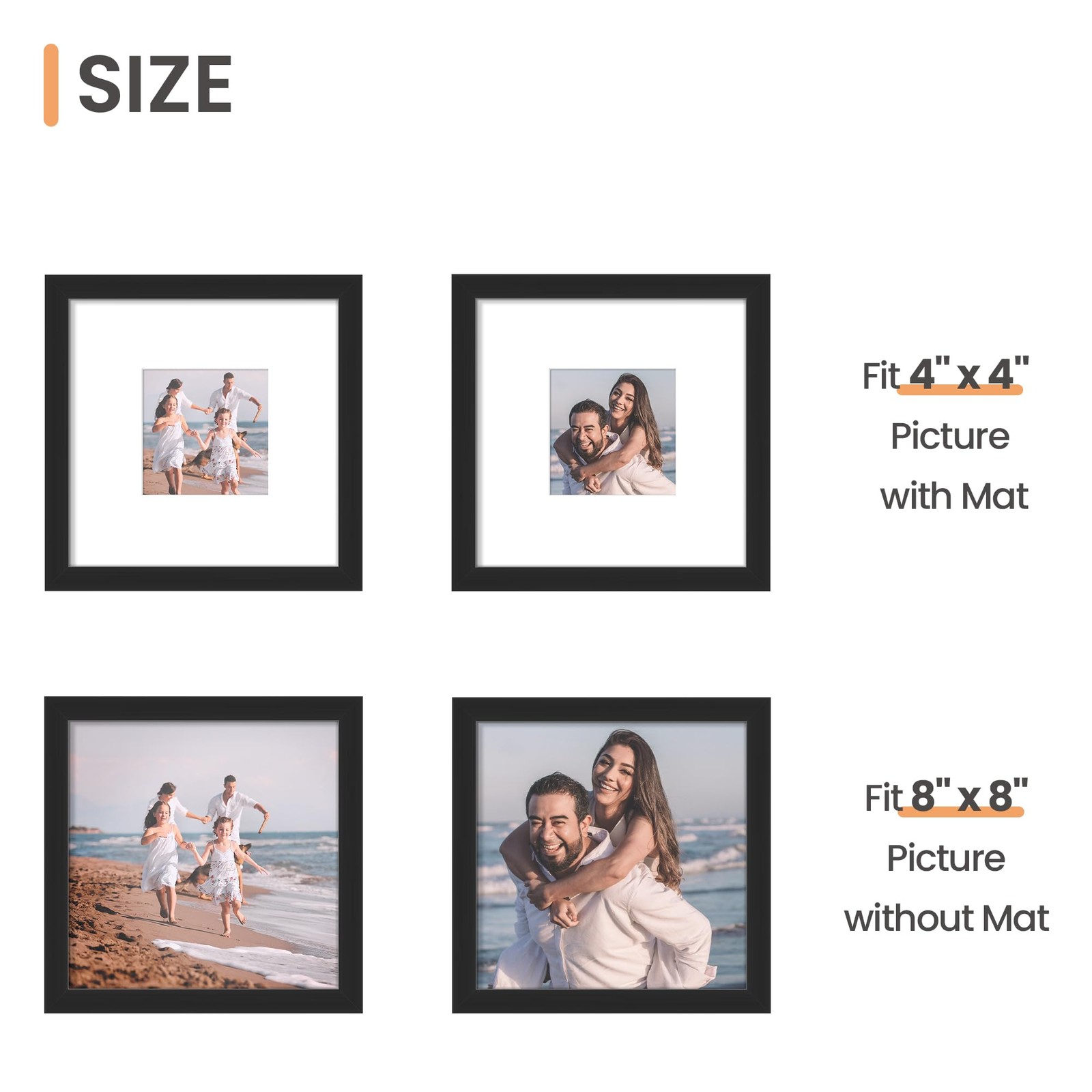 upsimples 8×8 Picture Frame, Display Pictures 4×4 with Mat or 8×8, Black