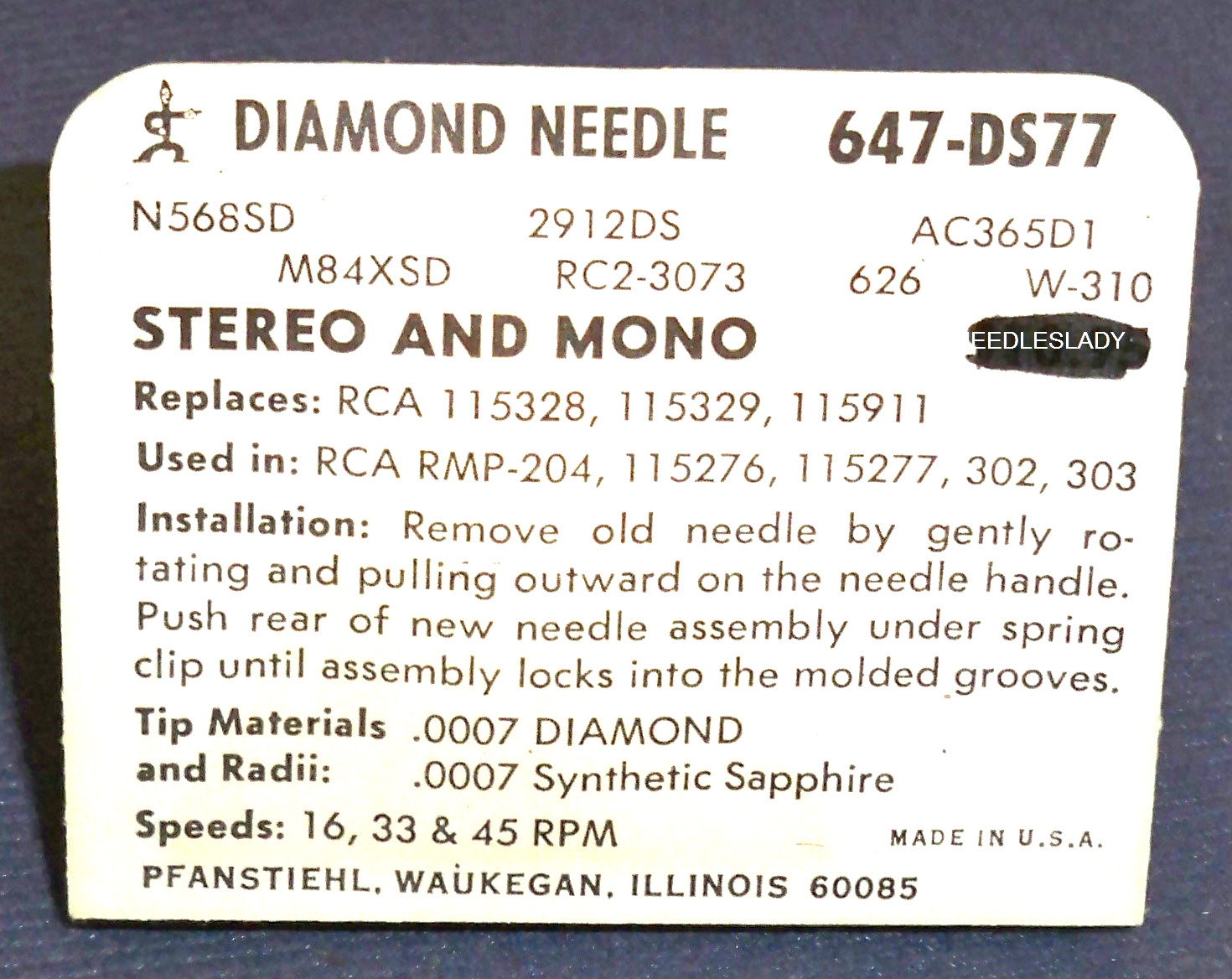 NEEDLE for RCA 130398 115703 RCA 115277 115302 CARTRIDGE 652-DS77 647-DS77