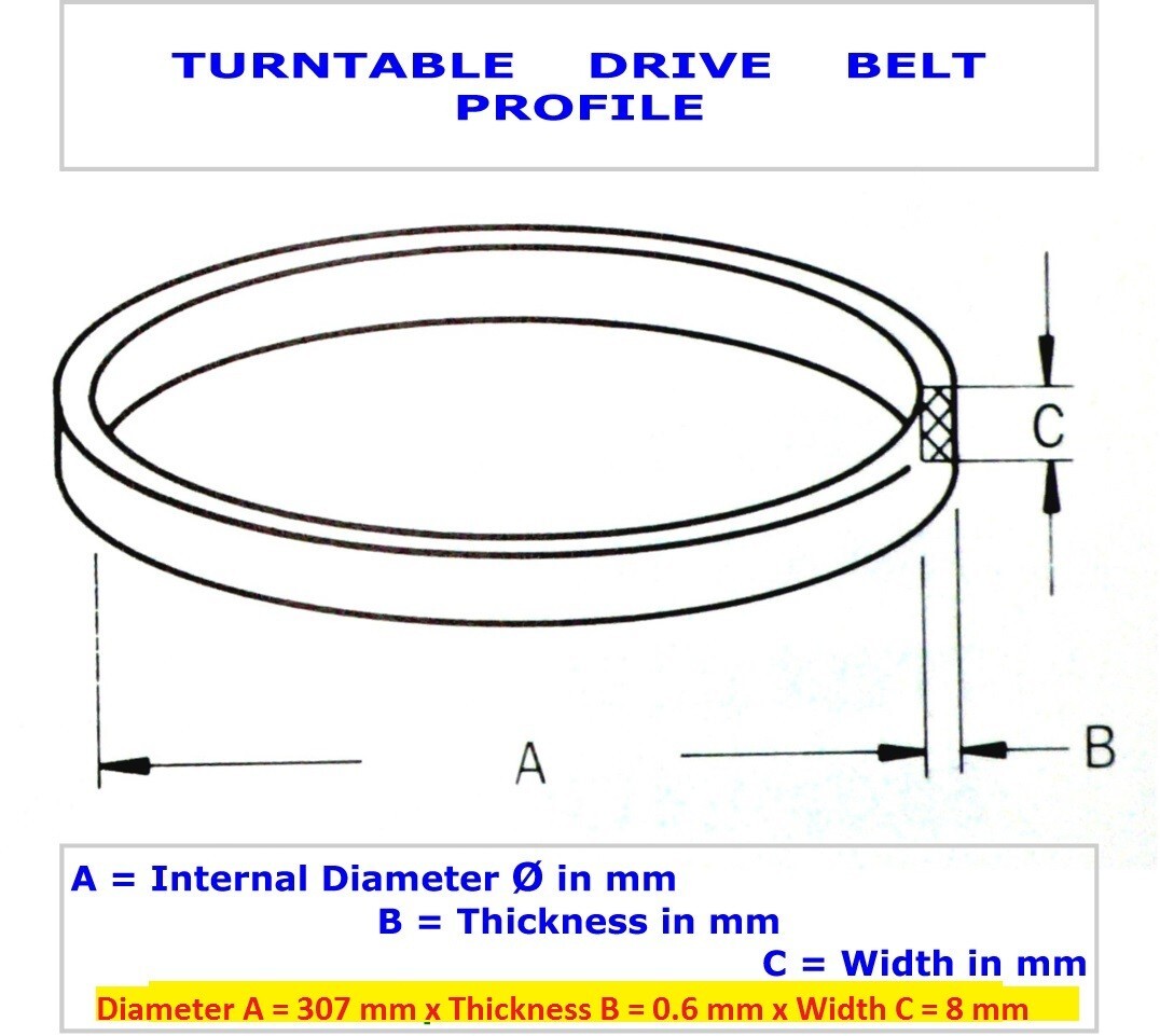 Turntable Belt : Diameter A = 307 mm x Thickness B = 0.6 mm x Width C = 8 mm