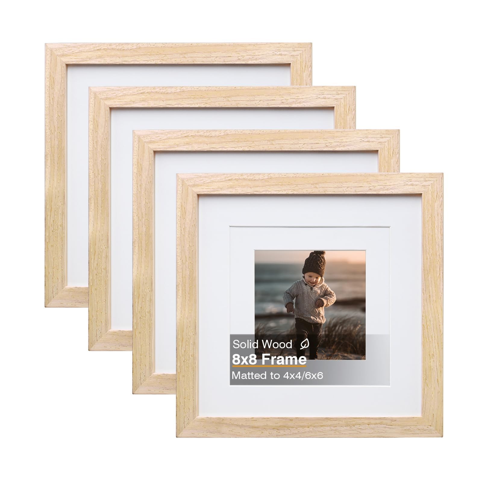 KINLINK 8×8 Picture Frame, Natural Square Solid Wood Frames for 8×8,