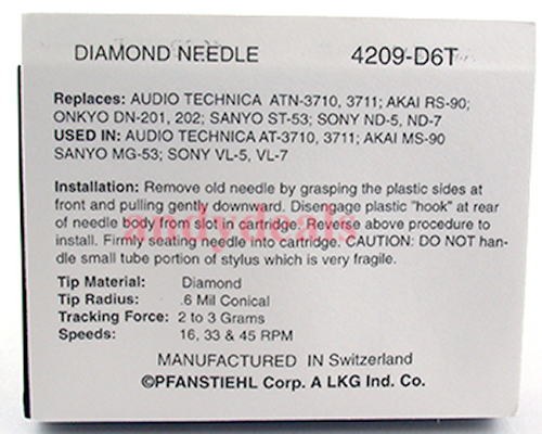 TURNTABLE RECORD NEEDLE STYLUS for ND-5 Sony VL-5 VL-7 VL-7E Pfanstiehl 4209-D6T