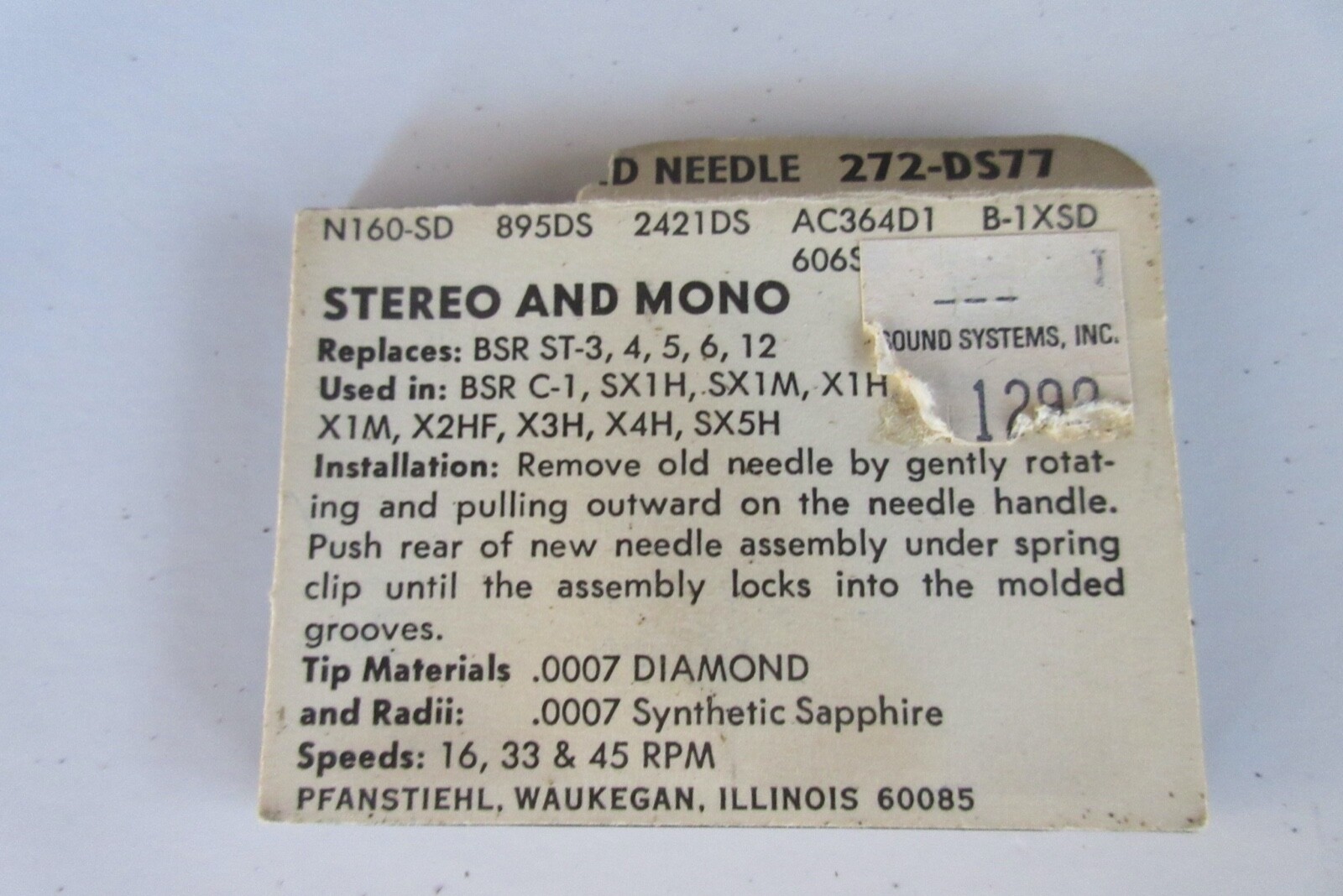 Pfanstiehl 272-DS77 BSR ST-3,4,5,6,12 Stylus, unopened