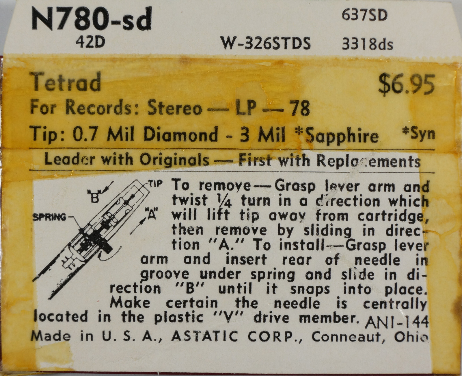 NOS Astatic Diamond Needle NN780-sd for TETRAD 42D 637sd 3318ds W-326STDS