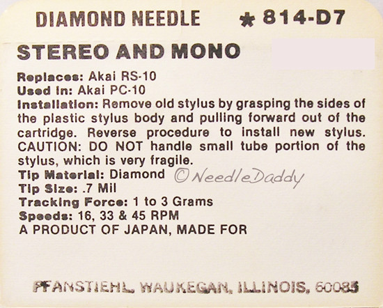 PHONOGRAPH TURNTABLE NEEDLE AKAI RS-10 AKAI RS10 AKAI PC-10 AKAI PC10 814-D7