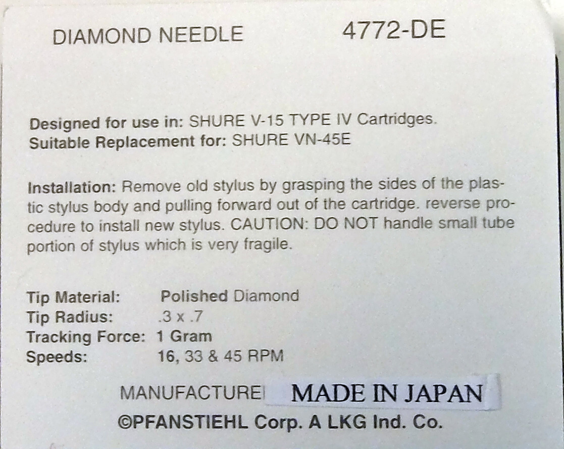 4772-DE NEEDLE TURNTABLE STYLUS for SHURE VN-45E V-15 Type IV V Cartridges