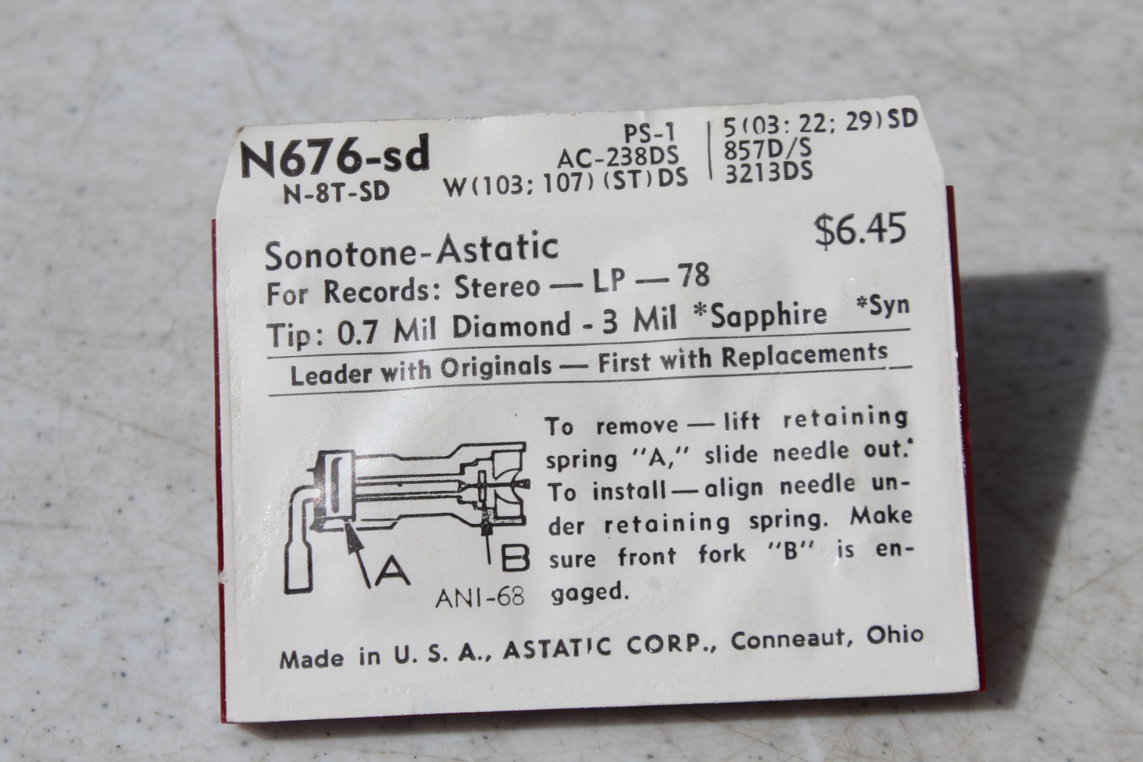 ASTATIC PHONOGRAPH NEEDLE N676-SD PS-1 AC-238DS N-8T-SD Diamond NOS