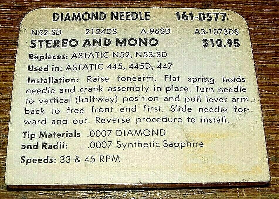Diamond Record NEEDLE 161-DS77 for ASTATIC N52-sd N53 in 445 447, EV2124DS A96SD