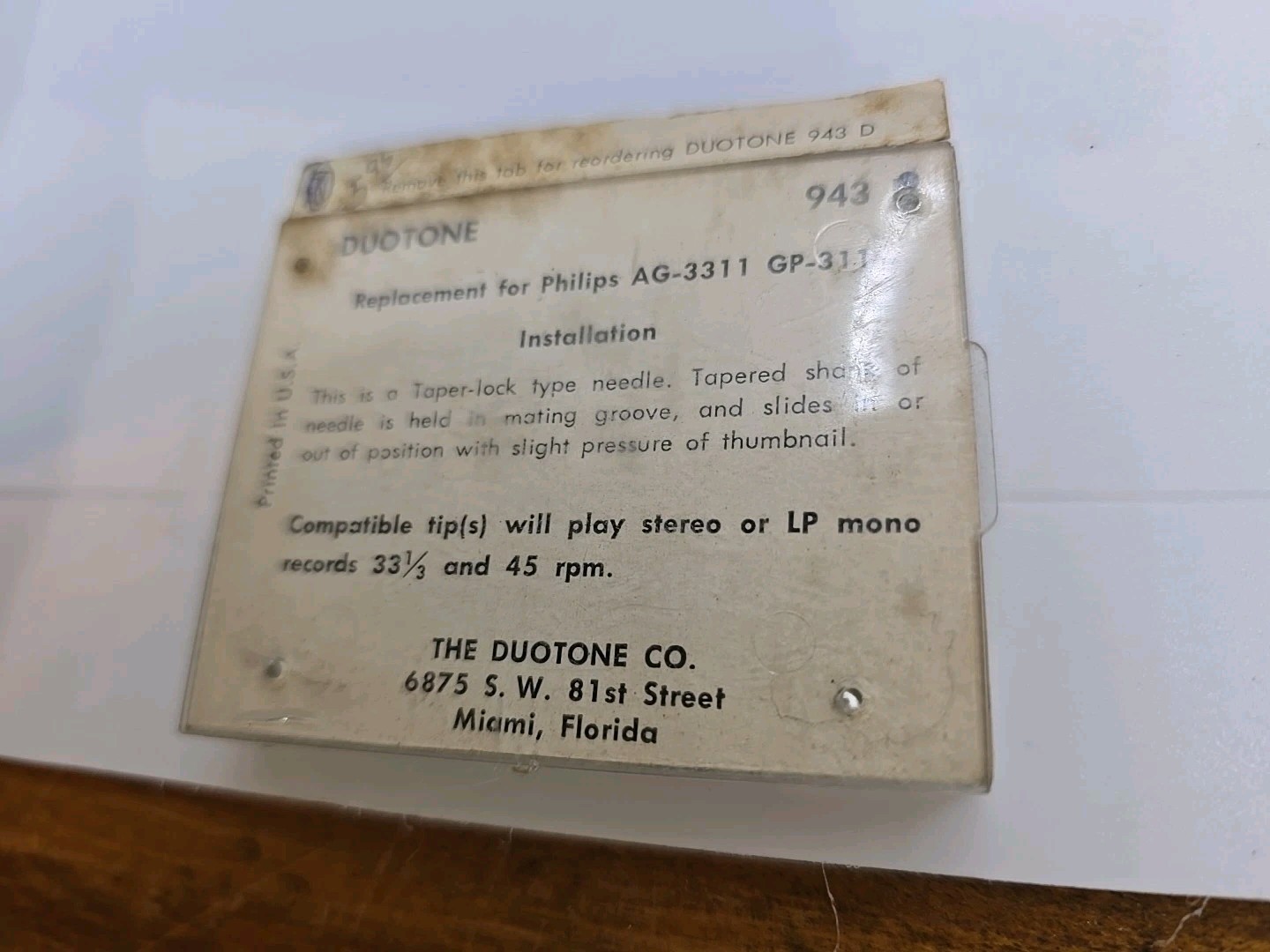 1960’s NOS Stereo Phonograph NEEDLE 943D