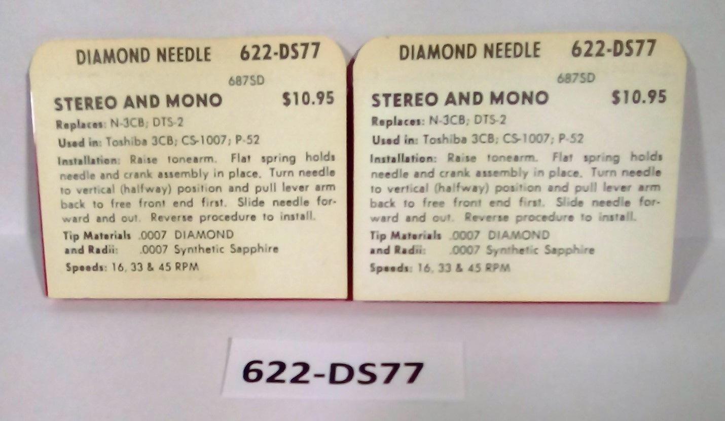NEW (2 PACK) DIAMOND NEEDLE STYLUS 622-DS77 TOSHIBA N-3CB, DTS-2