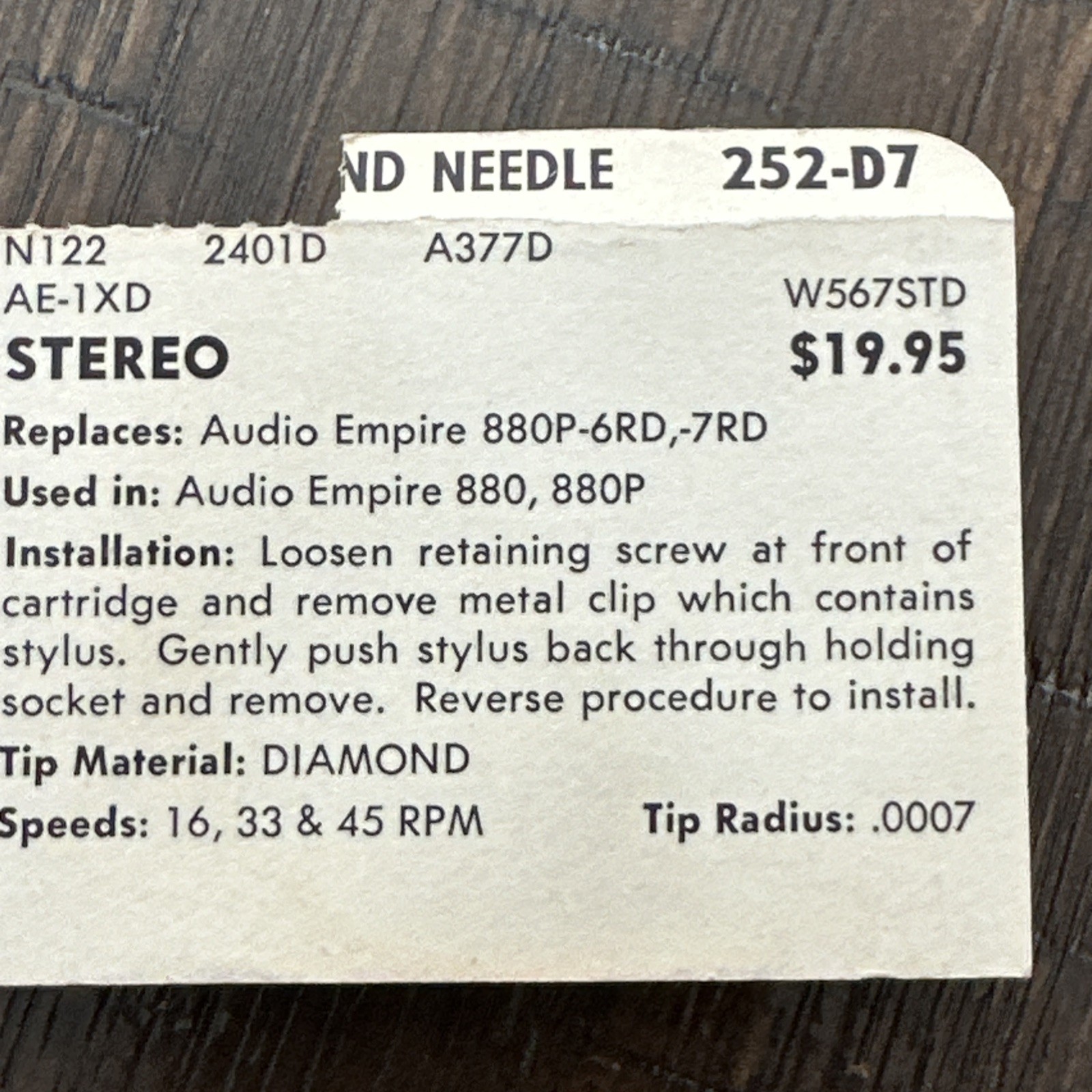 TURNTABLE STYLUS NEEDLE FOR EMPIRE 880 EMPIRE 880P CARTRIDGE 252-D7 New Old Stoc