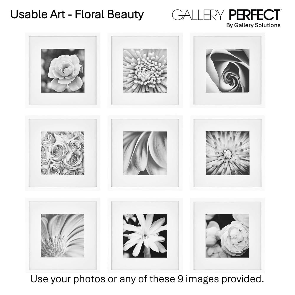 Gallery Perfect 12×12 Picture Frames, 9 Piece Set Matted to 8×8, White