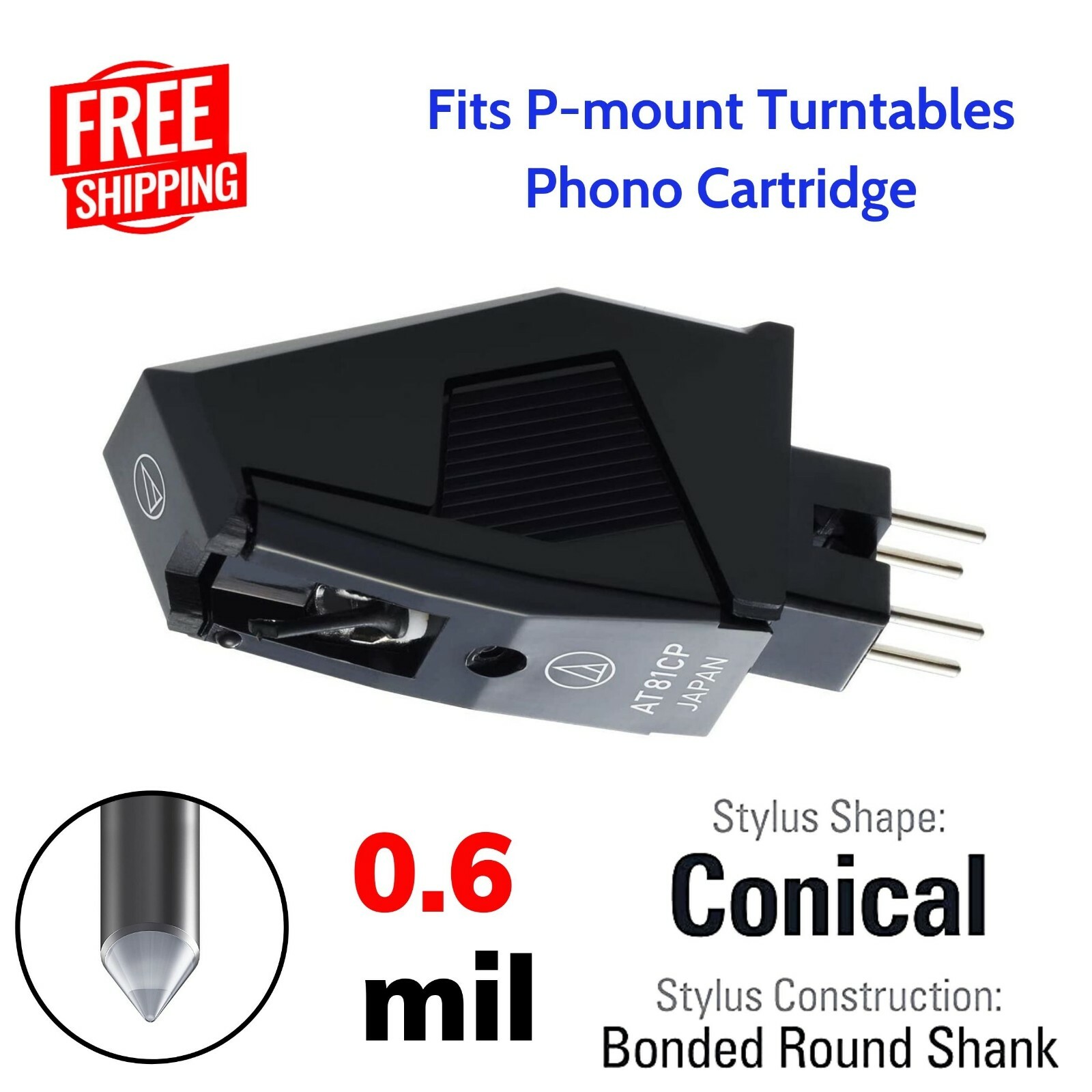 Phono Cartridge Conical Stylus Needle for Linear Tracking P Mount Turntables T4P