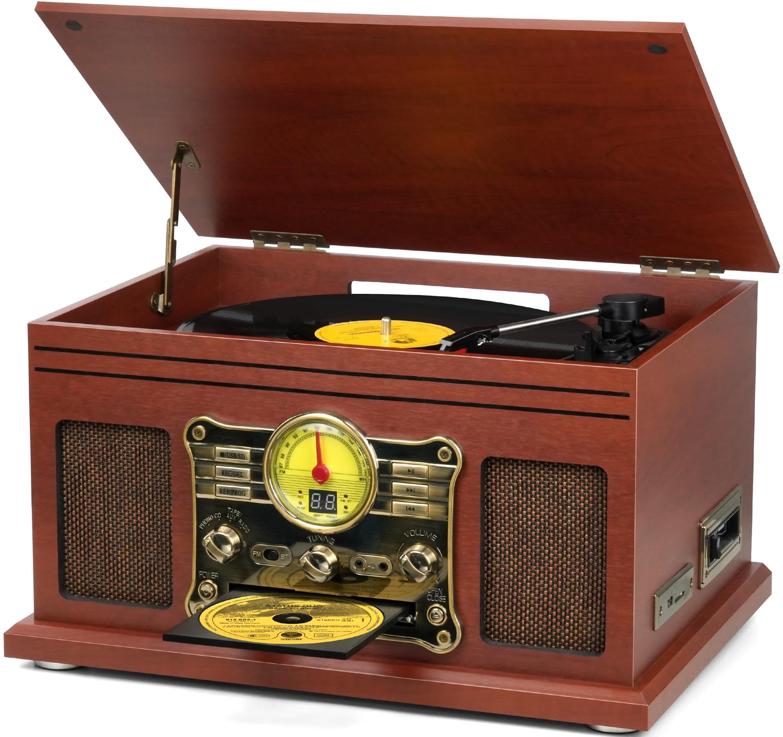 FEKTIK Bluetooth Record Player 10 in 1, 3-Speed Turntable for Vinyl Mahogany