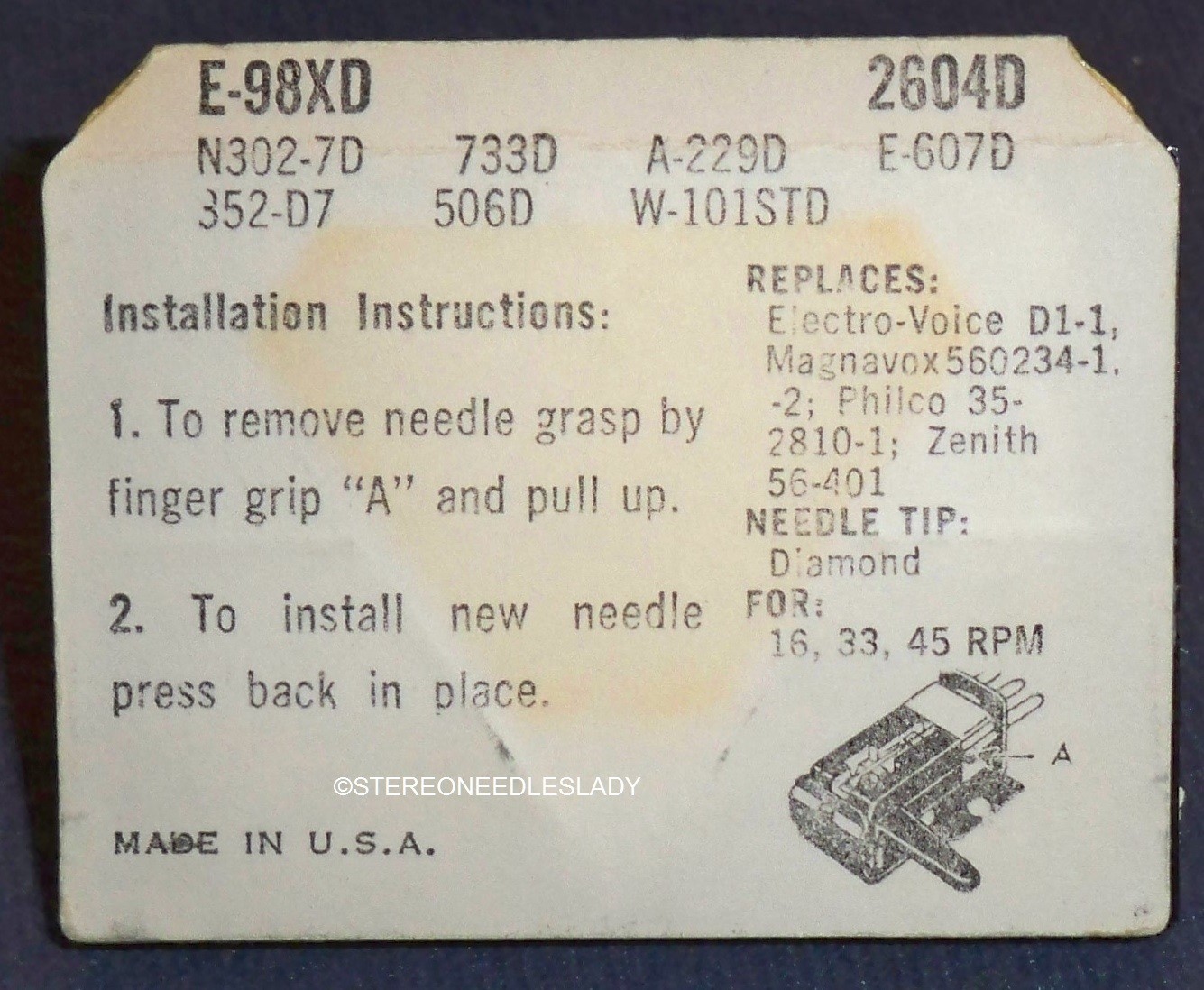 DIAMOND NEEDLE EV 2604D for EV 21 22 26 27 126 127 for mAGNAVOX 5602321 352-D7