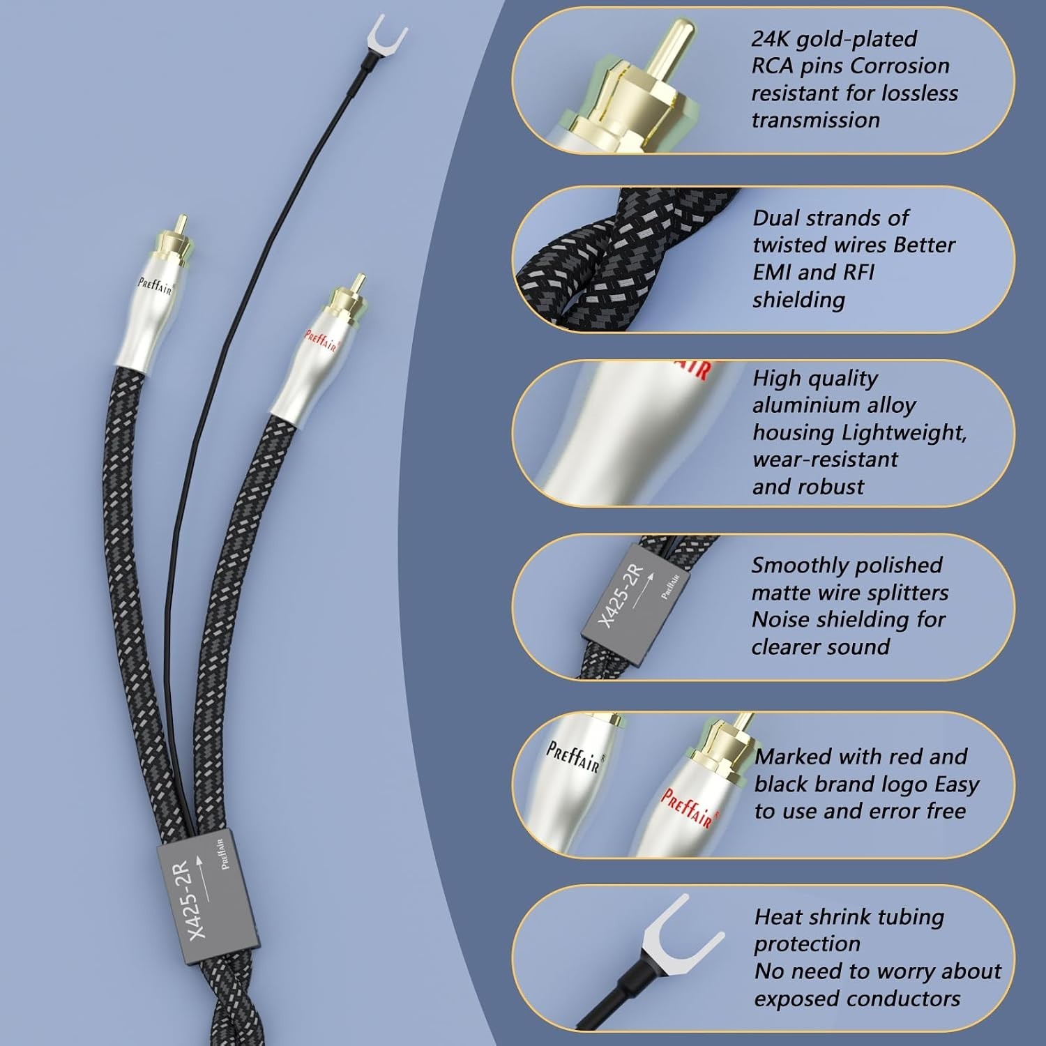 3.3FT High-Performance Turntable RCA Cable with Gold Connections and Splitters