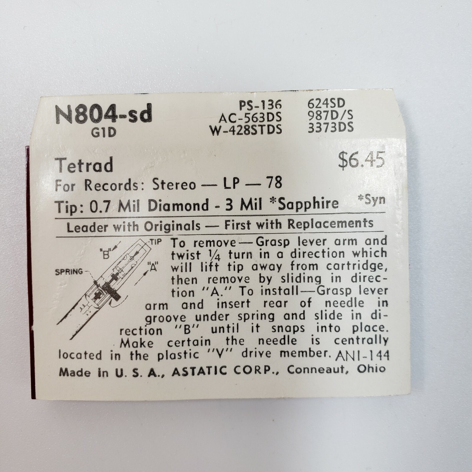 ASTATIC N804-SD Needle StylusTetrad G1D EV-3373DS W-428STDS AC-563DS PS-136 NOS