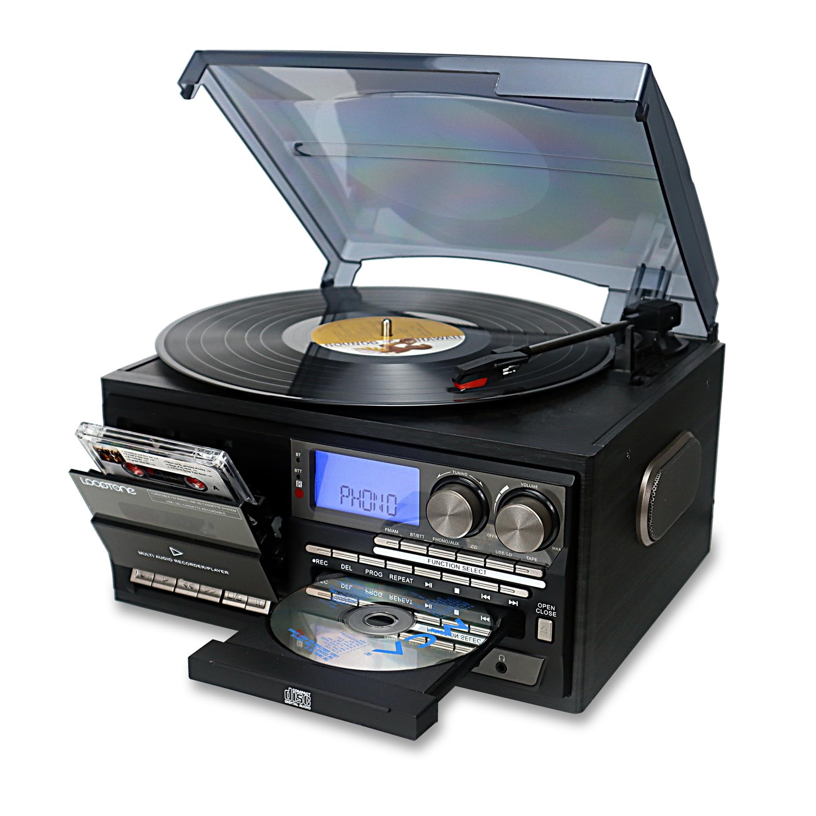 LoopTone Vinyl Record Player 10 in 1 3 Speed Bluetooth Vintage Black