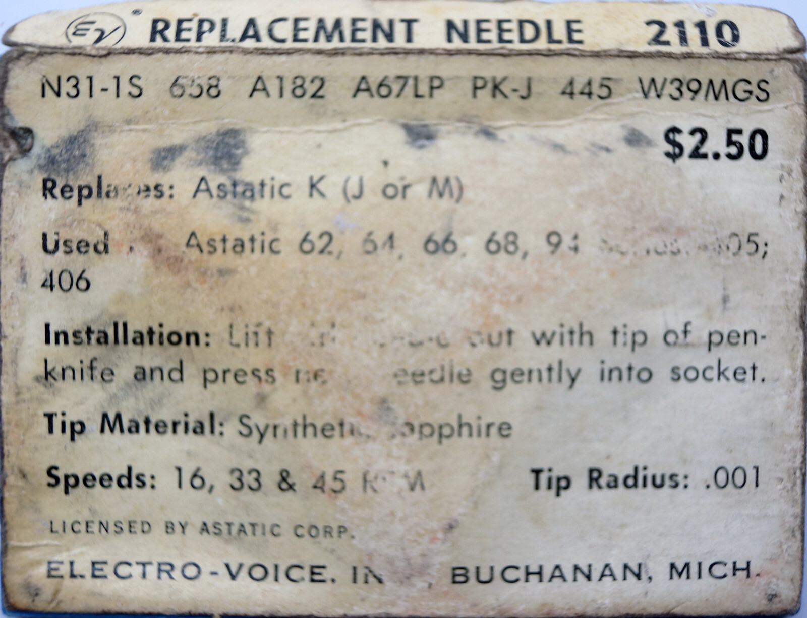 NOS Electro Voice EV 2110 Needle FOR BSR N31 658 A182 A67LP PK-J 445 W39MGS K J