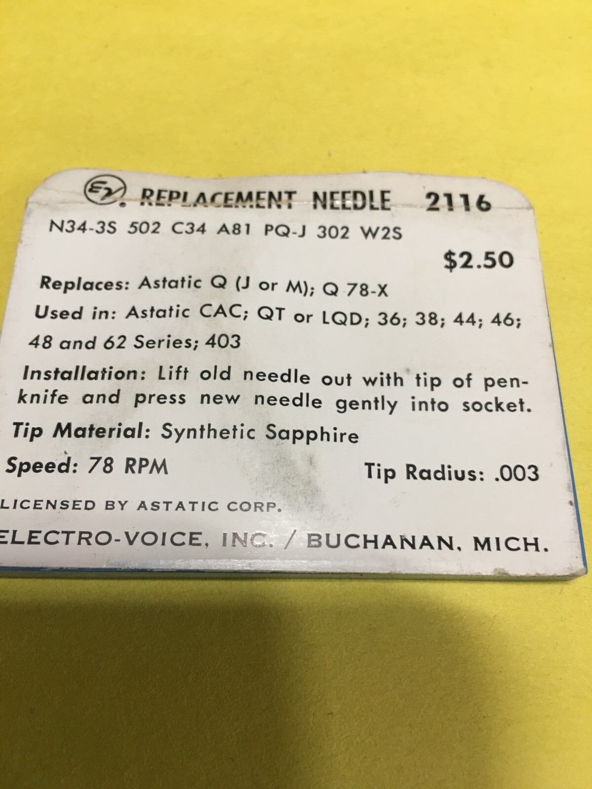 Original NOS Electro Voice Needle Stylus 2116 Fits MANY MANY ASTATIC